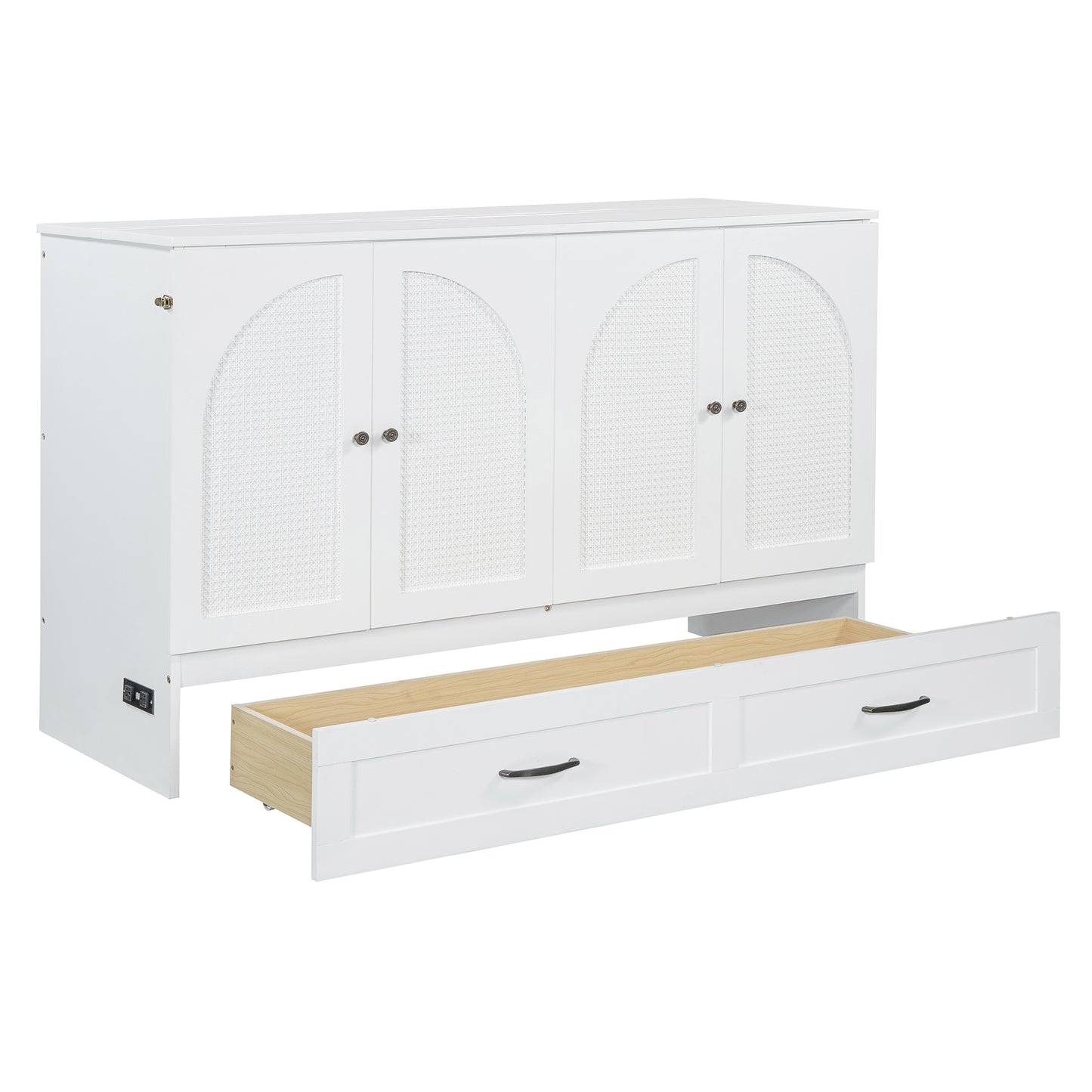 White wooden bed frame with two drawers and caneinspired cabinet doors