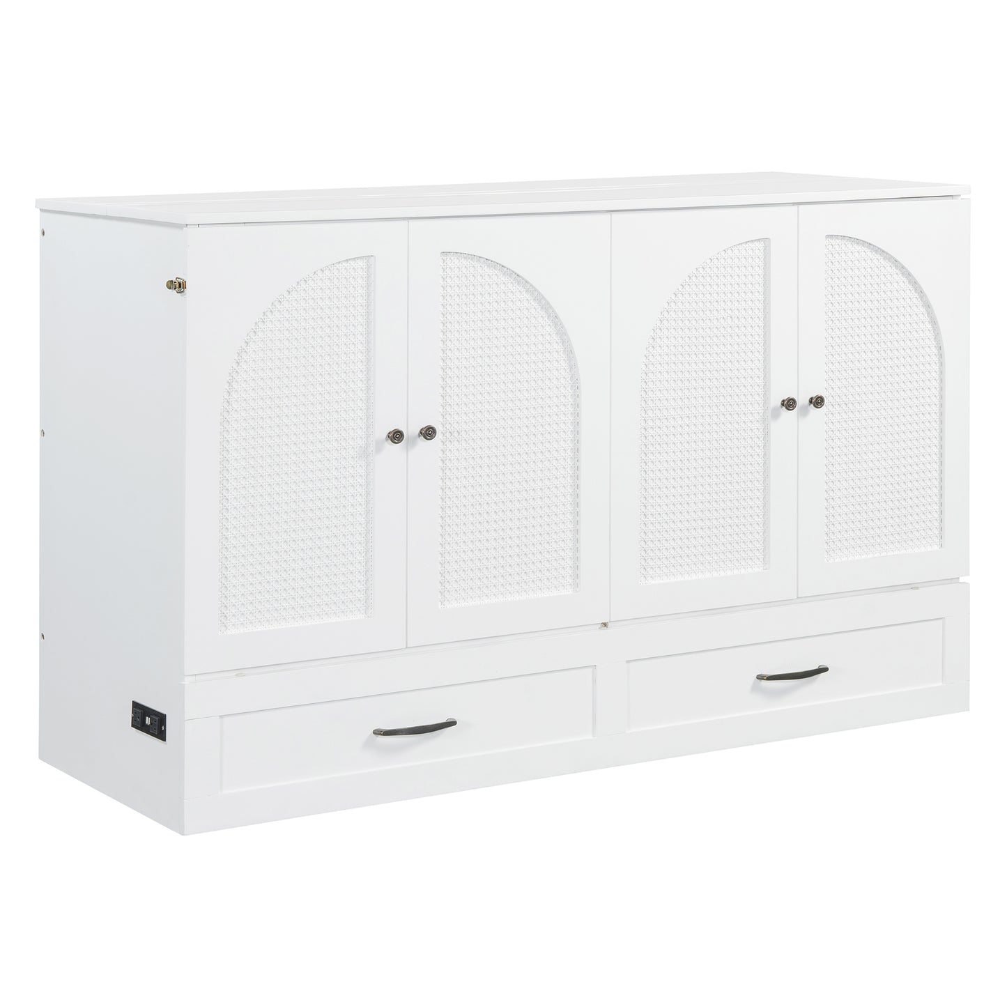White accent cabinet with arched canepatterned doors and two drawers