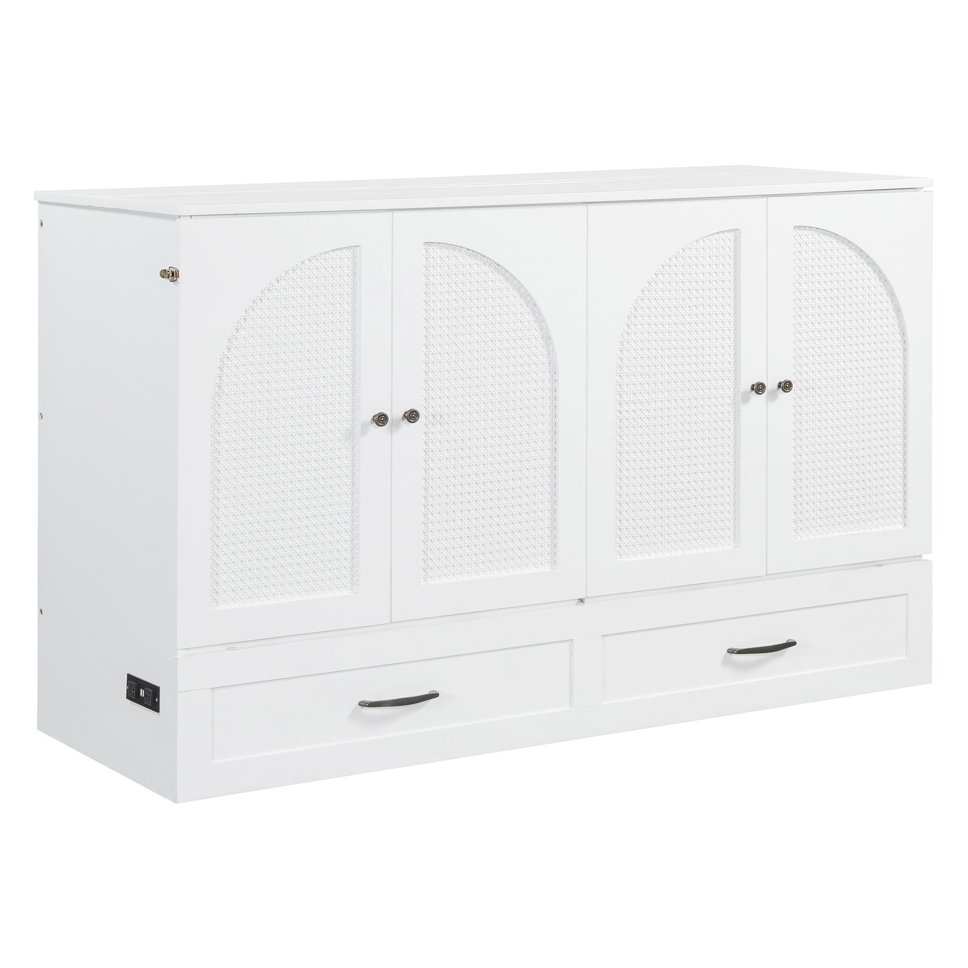 White accent cabinet with arched canepatterned doors and two drawers