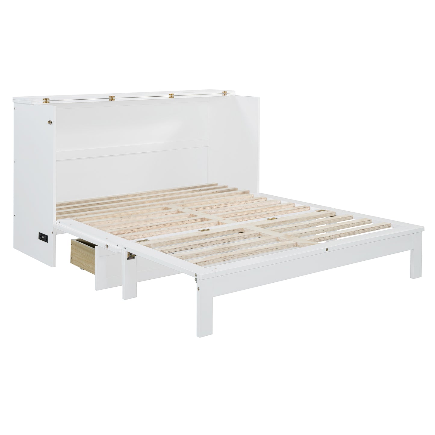White Murphy bed frame with open mattress support and visible drawer