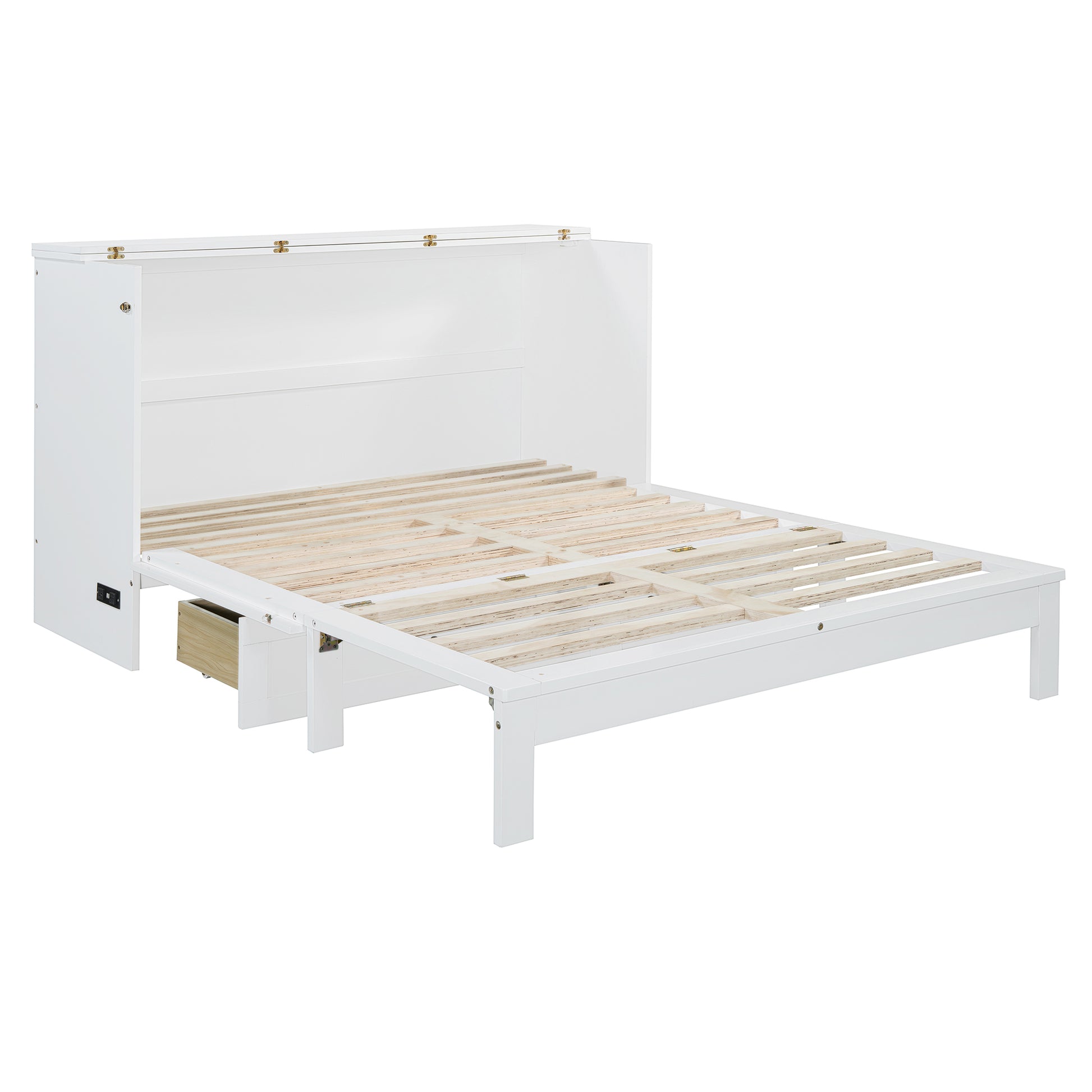 White Murphy bed frame with open mattress support and visible drawer