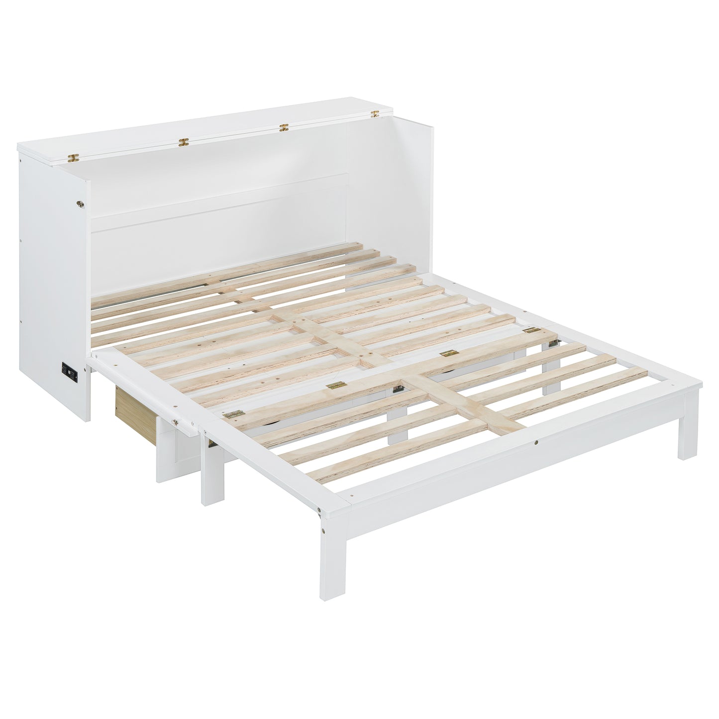 White murphy bed frame with wooden slats for mattress support