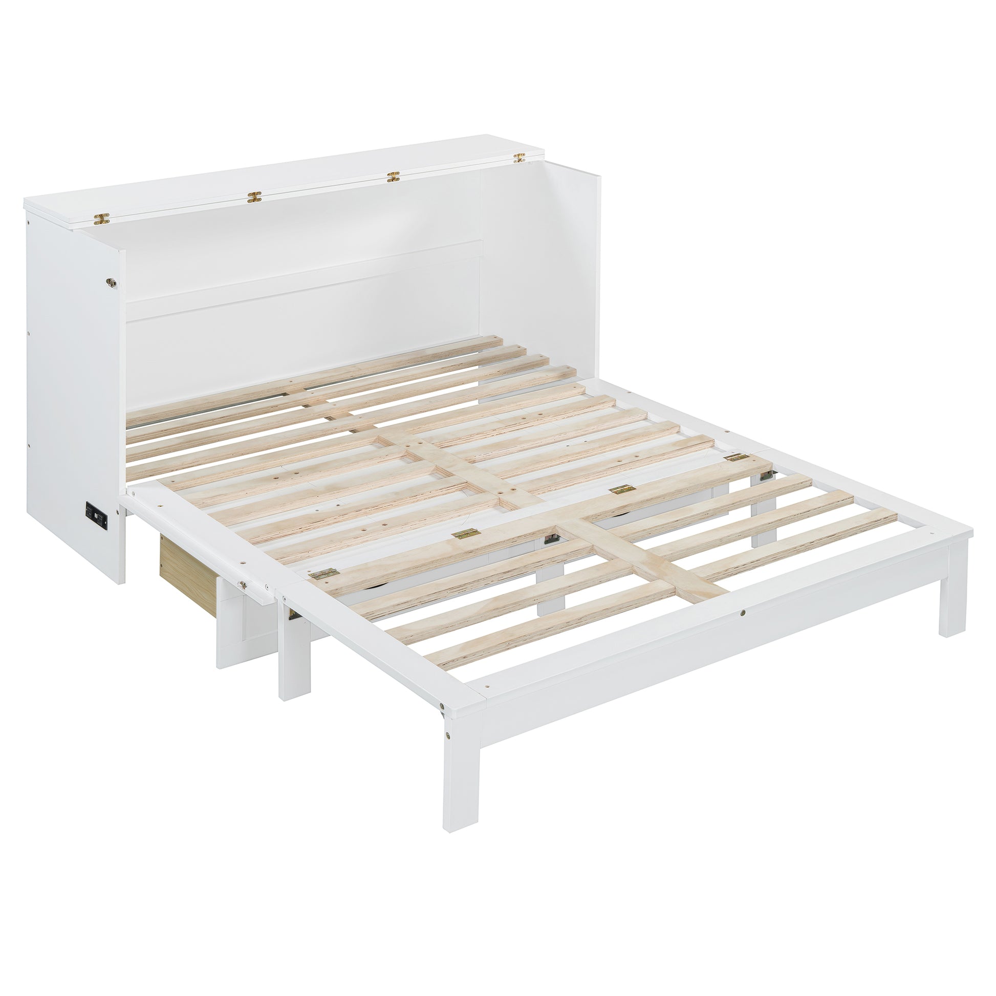 White murphy bed frame with wooden slats for mattress support