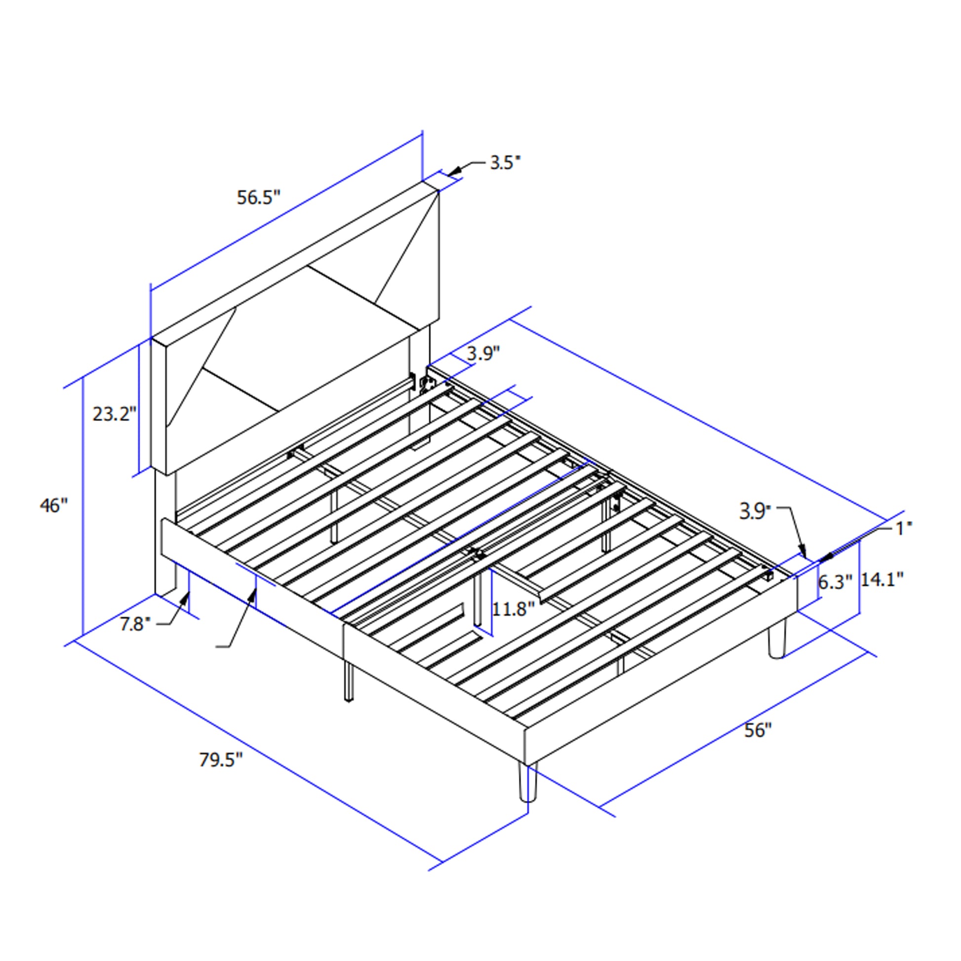 Diagram showing dimensions of a modern platform bed frame