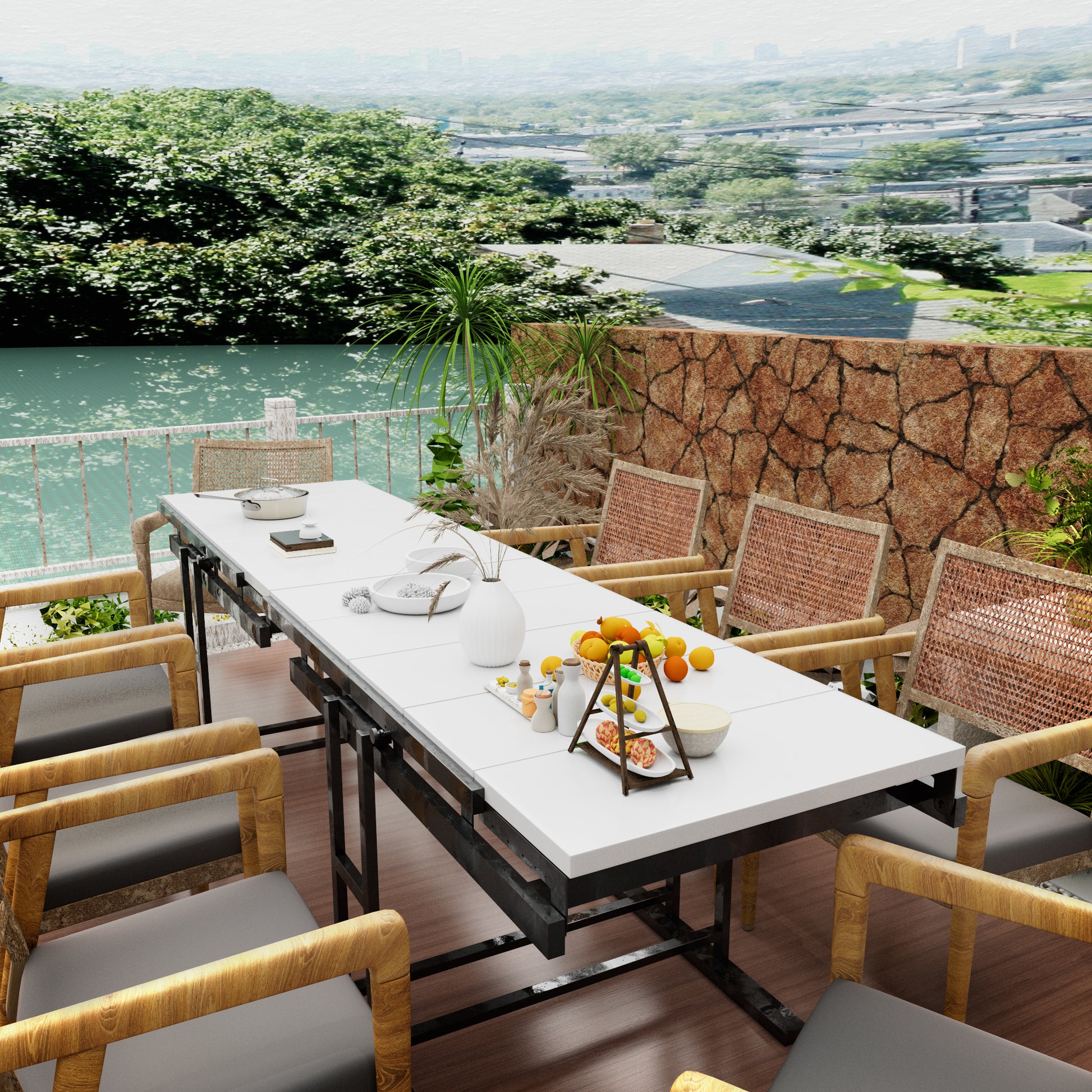 Modern outdoor dining set with white table and rattan chairs