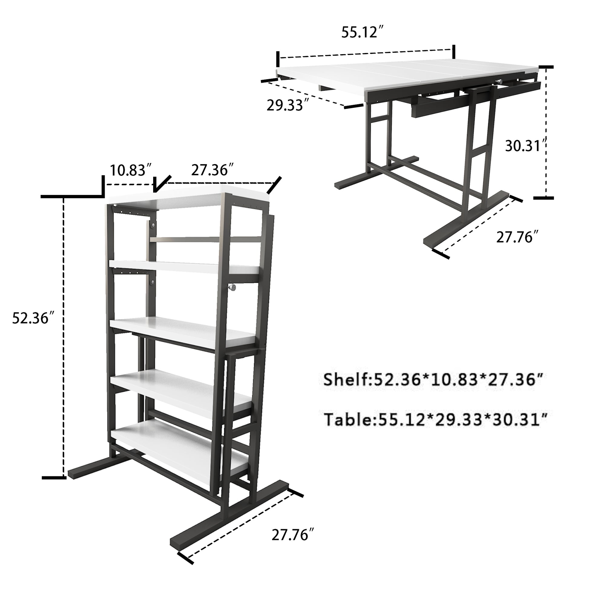 White and black metal fourtier shelving unit with dimensions labeled