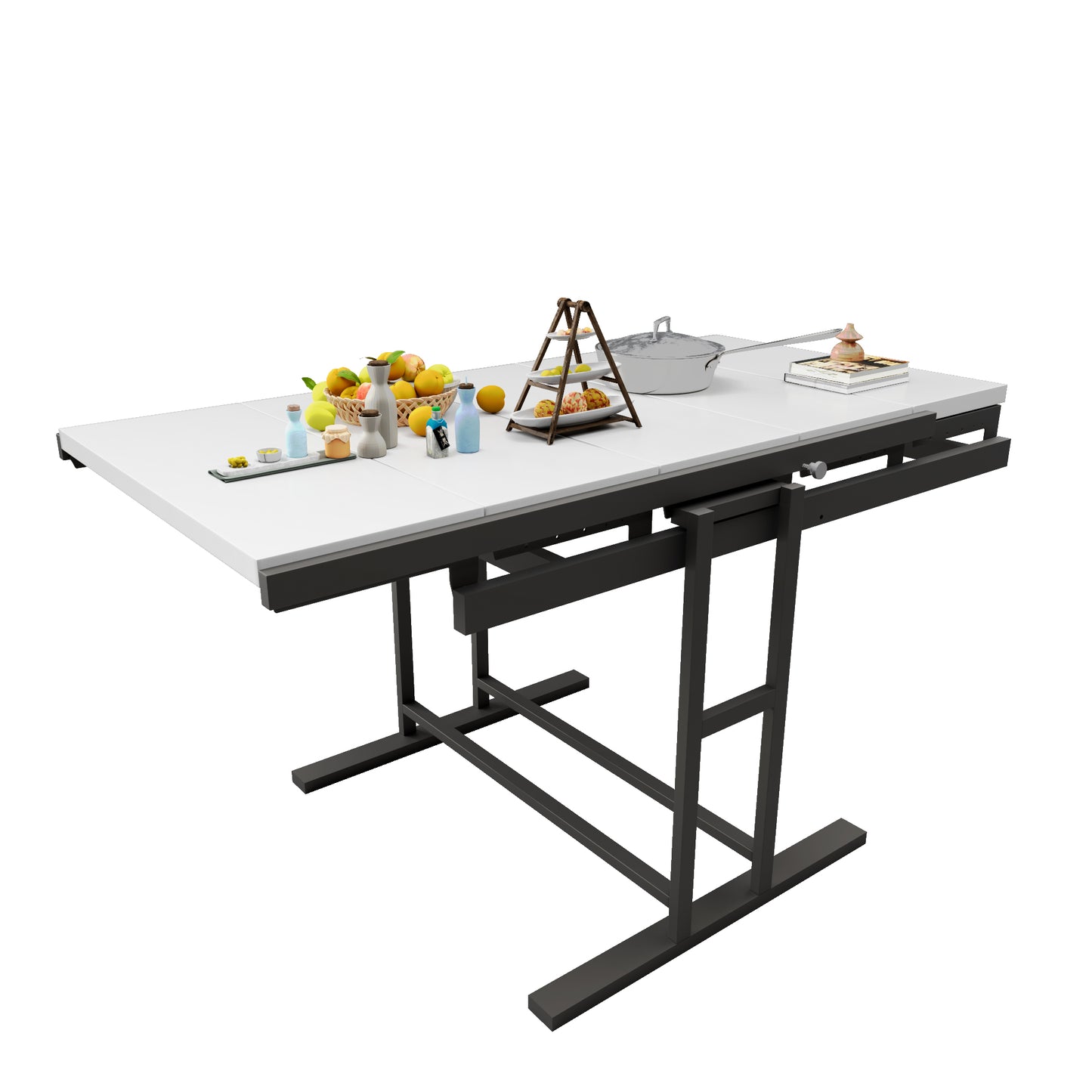 Modern expandable dining table with white tabletop and dark metal frame