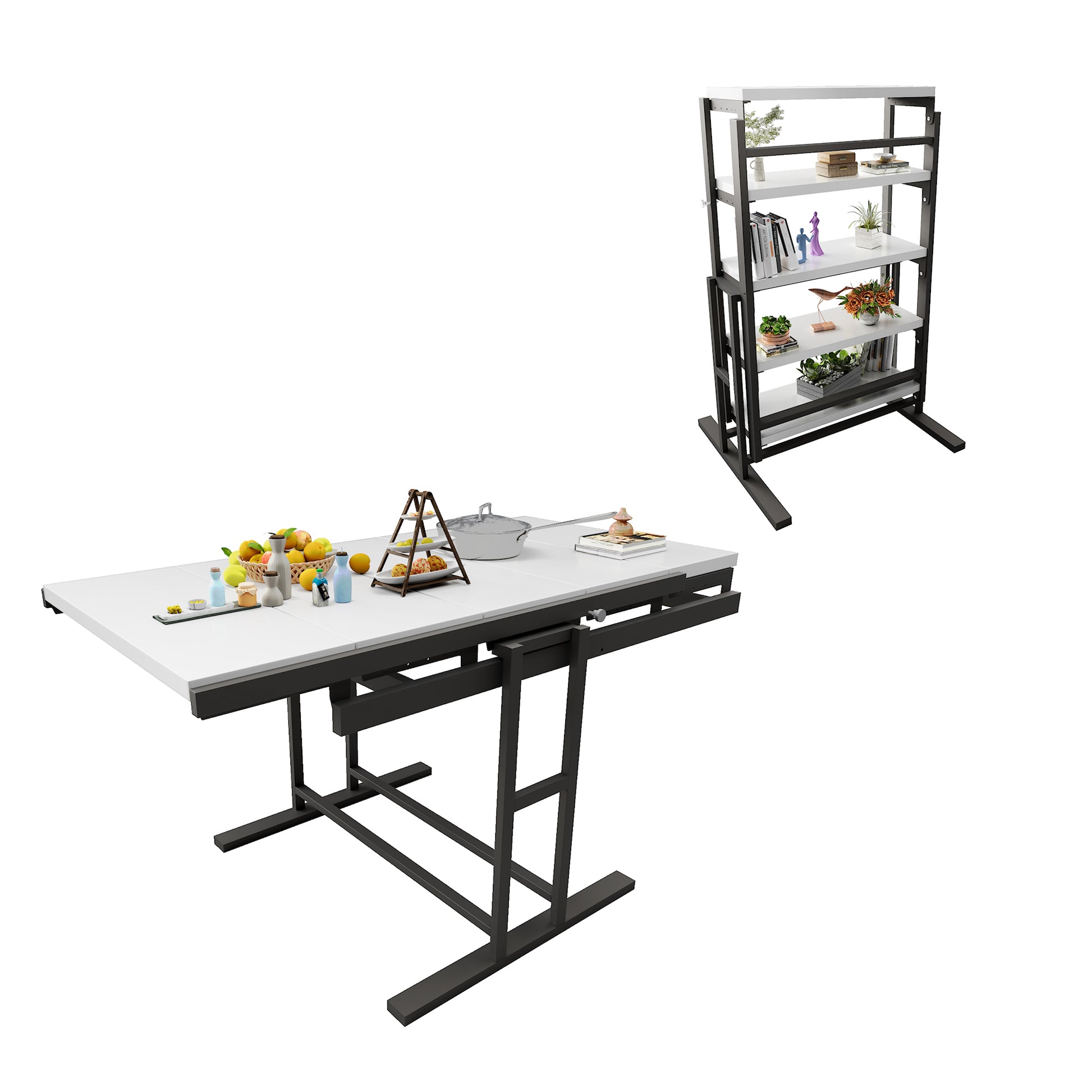White and black folding dining table with fruit and serving dishes