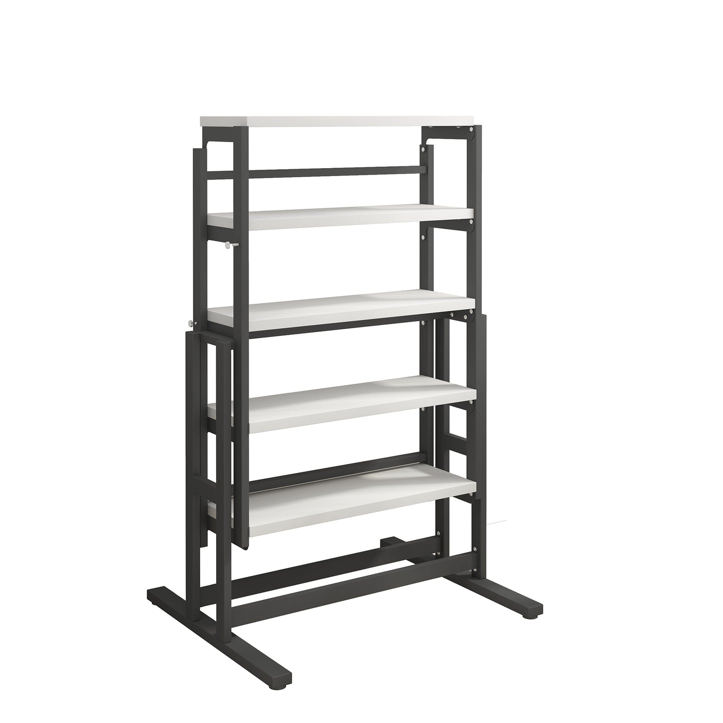 Modern metal bookshelf with white shelves