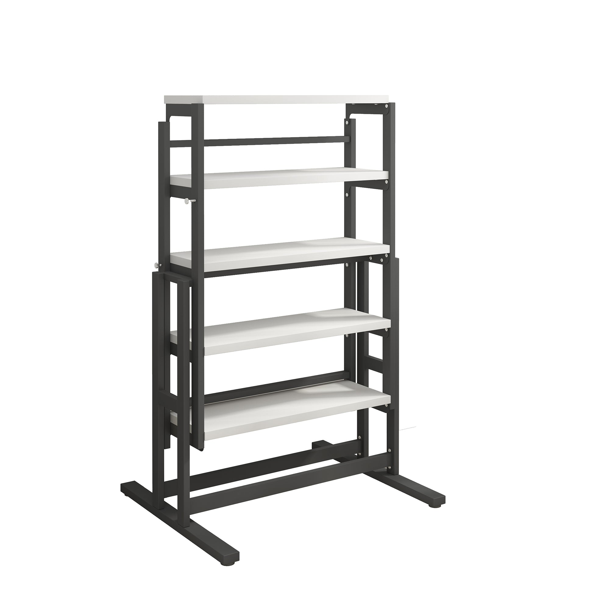 Modern metal bookshelf with white shelves