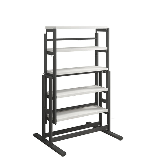 Modern metal bookshelf with white shelves