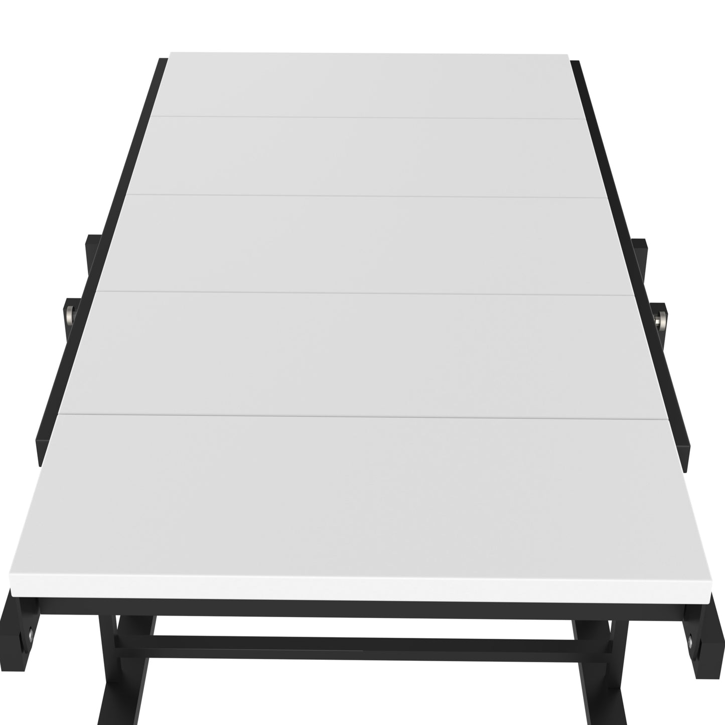 Sleek white desk surface with a modern black metal frame and minimalist design