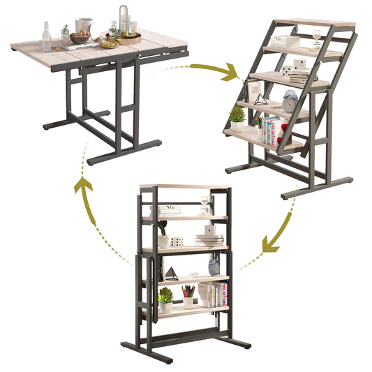 Foldable dining table with light wood top and dark metal frame
