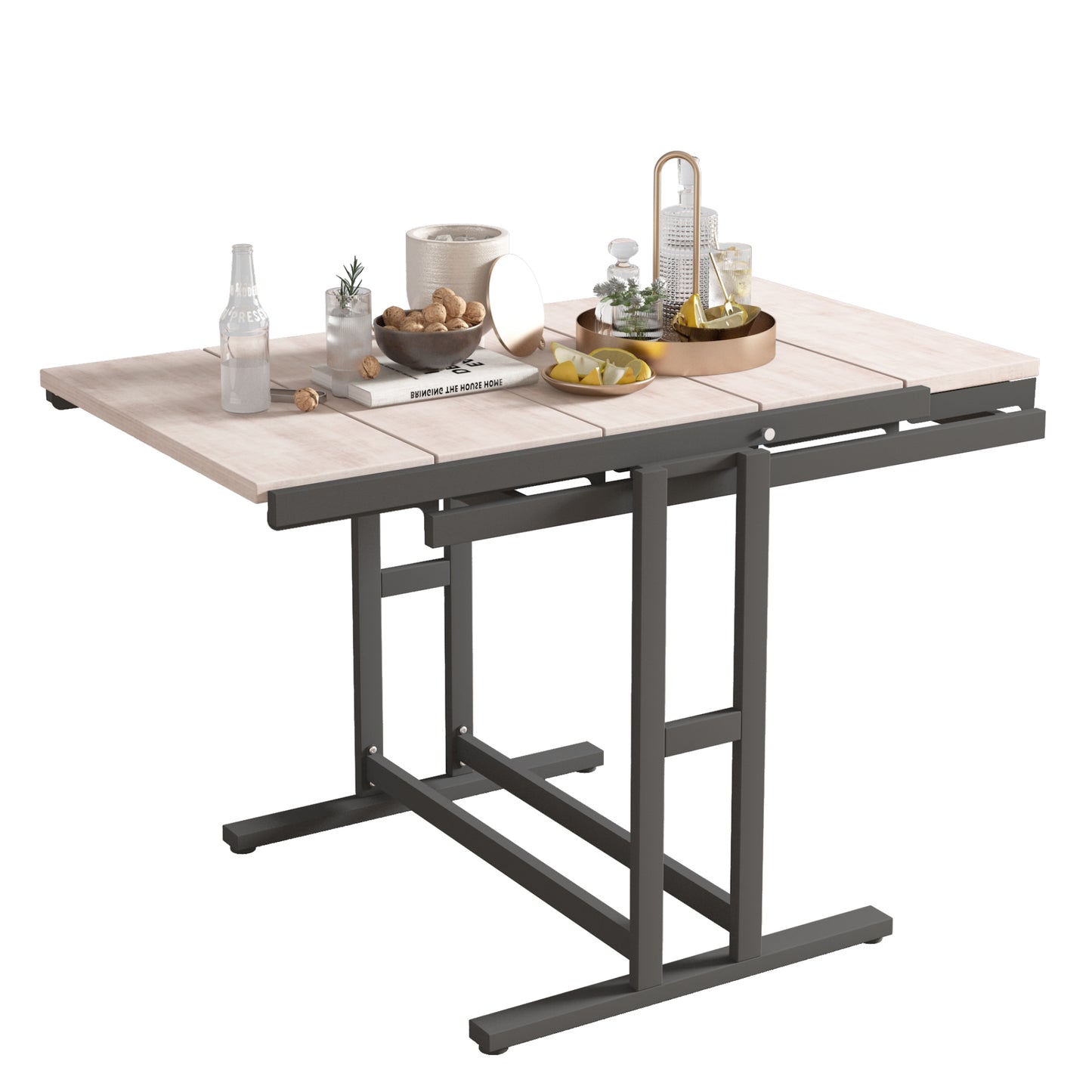 Extendable dining table with light wood top and dark metal legs