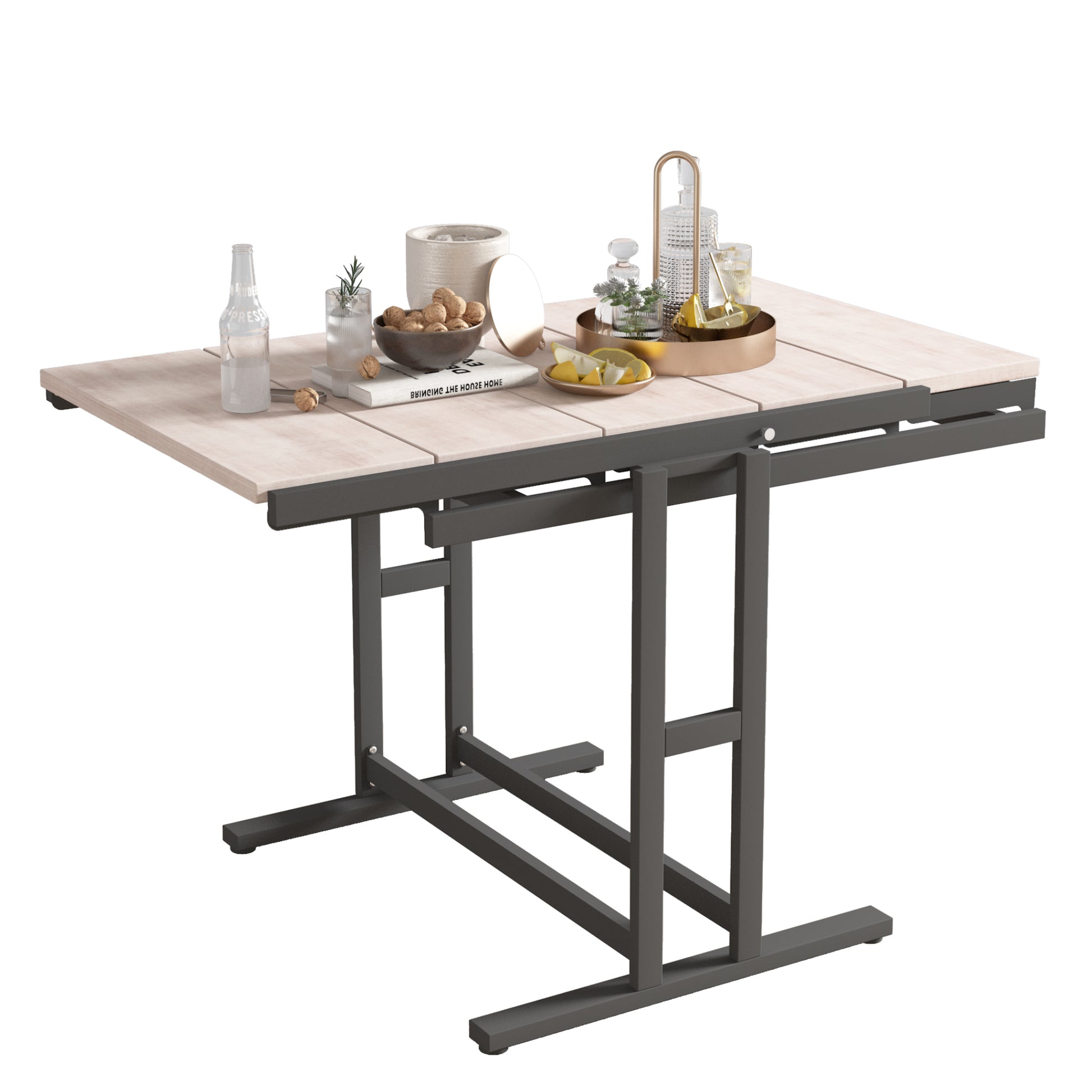 Extendable dining table with light wood top and dark metal legs