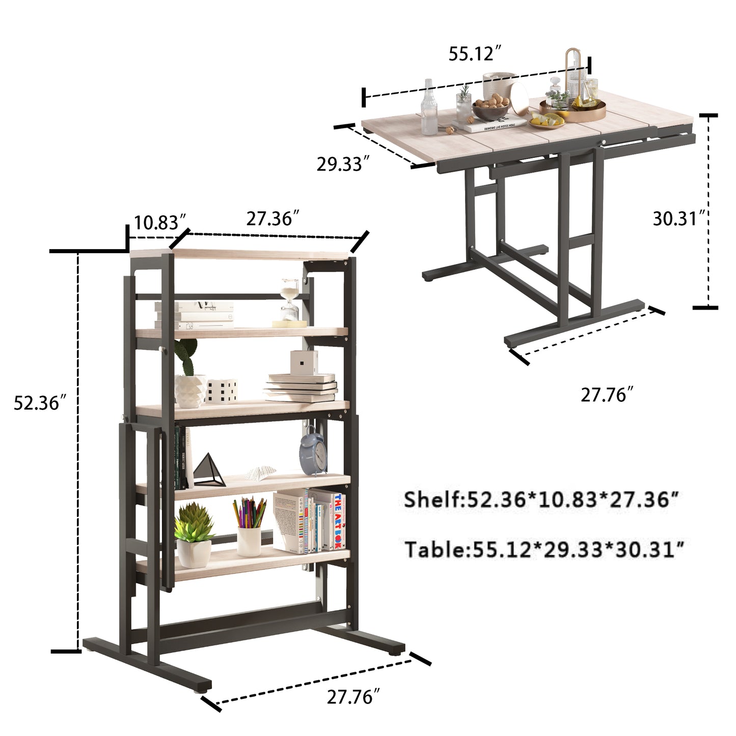 Expandable dining table with a light wood finish and black metal legs