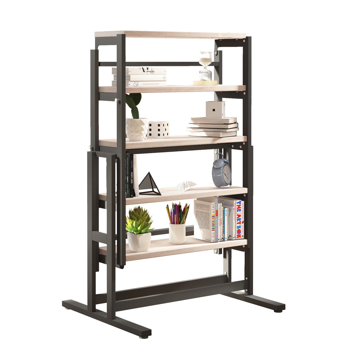 Modern industrial metal and wood bookshelf with four shelves