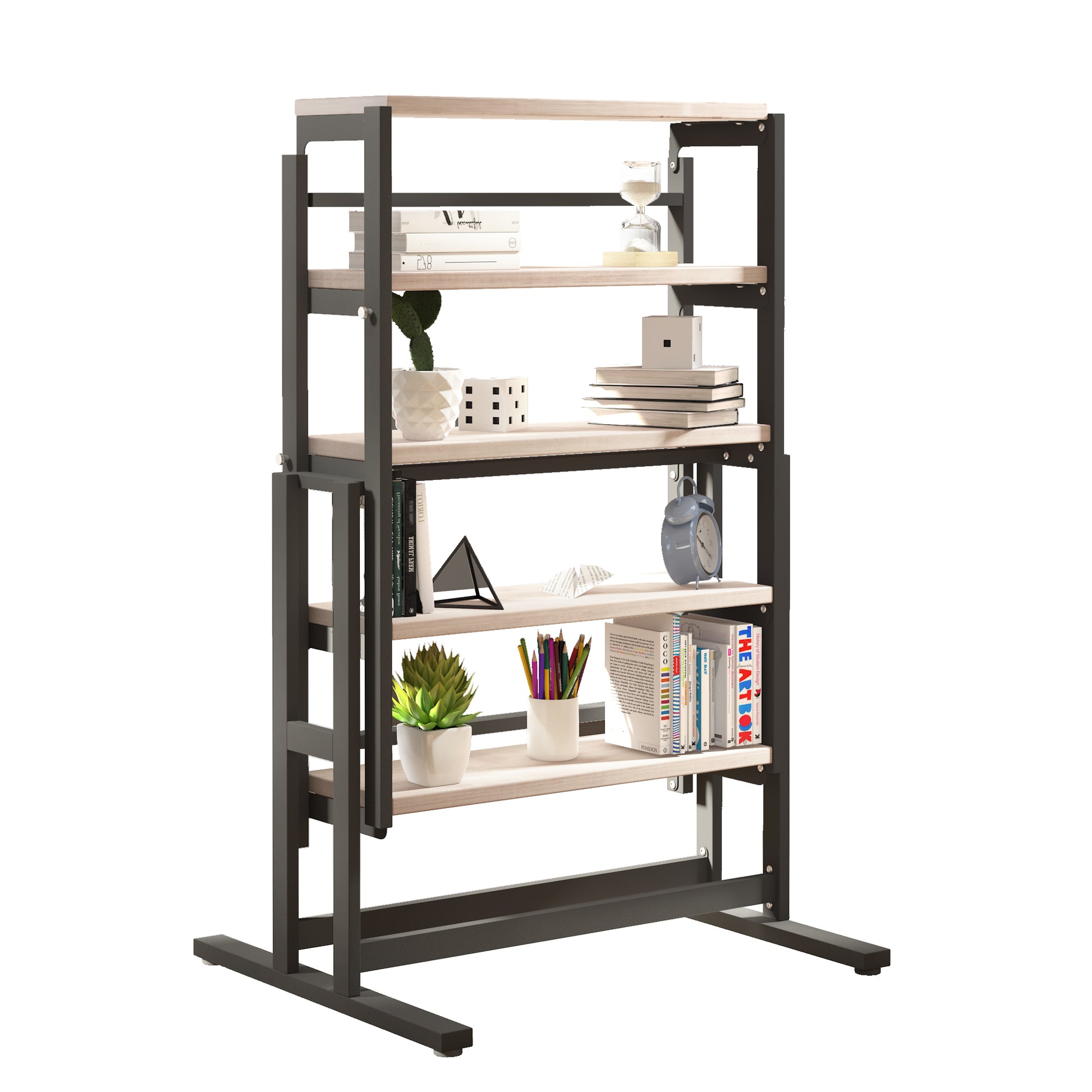 Modern industrial metal and wood bookshelf with four shelves