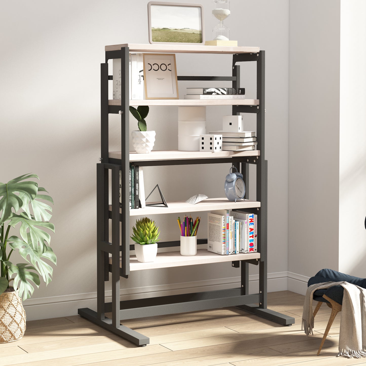 Modern industrial bookshelf with light wood shelves and black metal frame