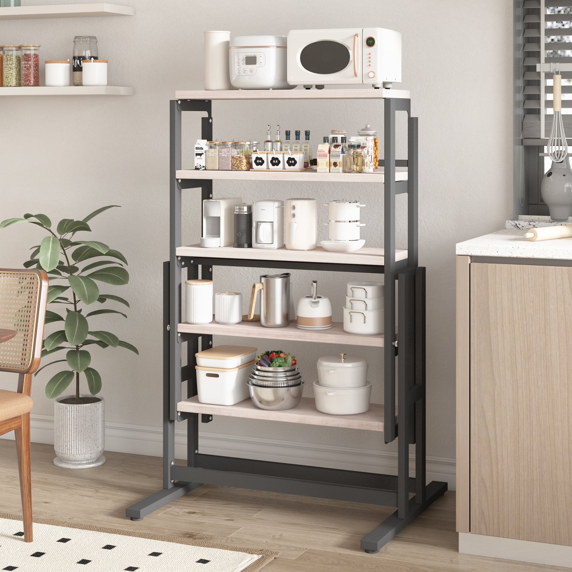 White microwave and rice cooker on top shelf of modern kitchen shelving unit