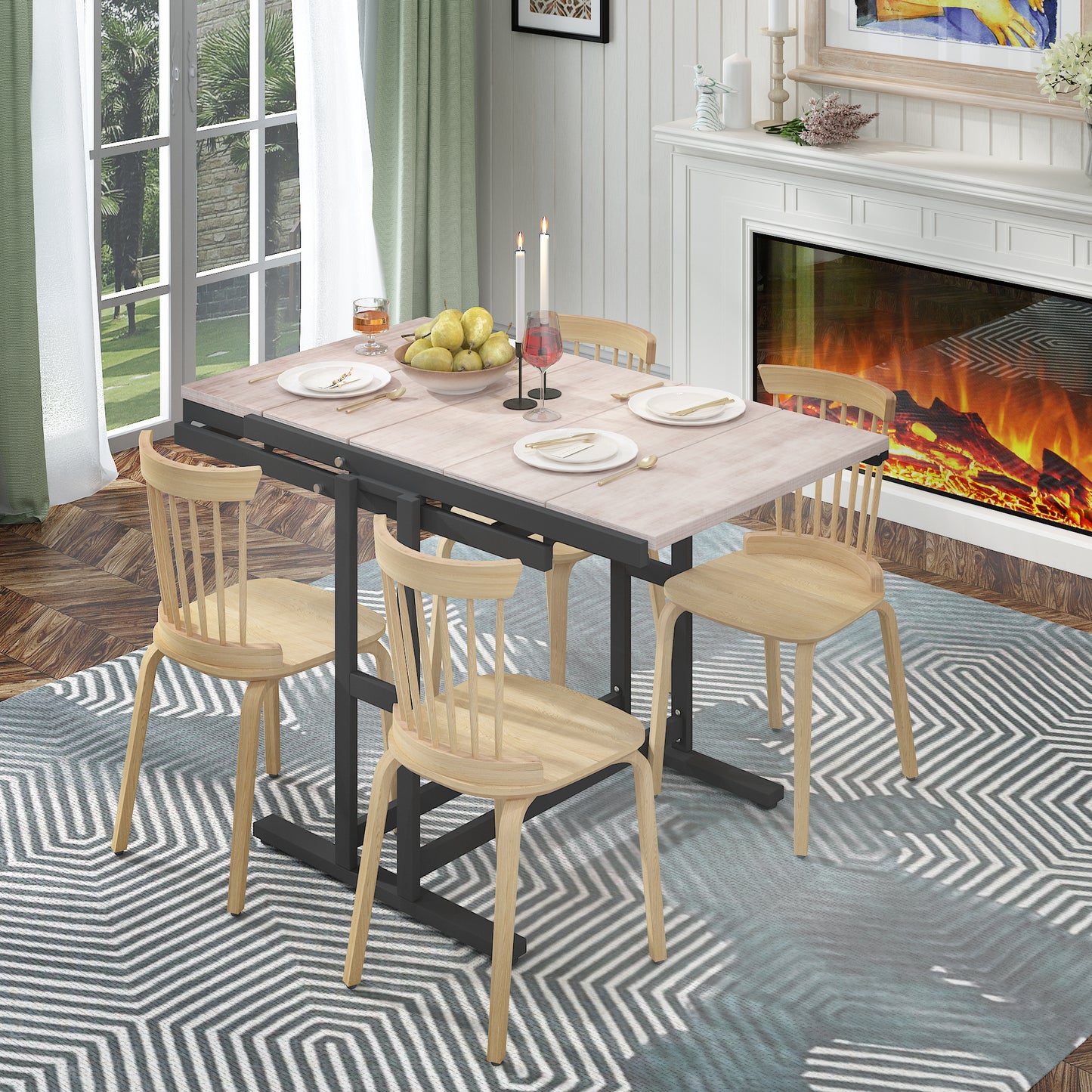 Light wood dining table set with four chairs and a fireplace