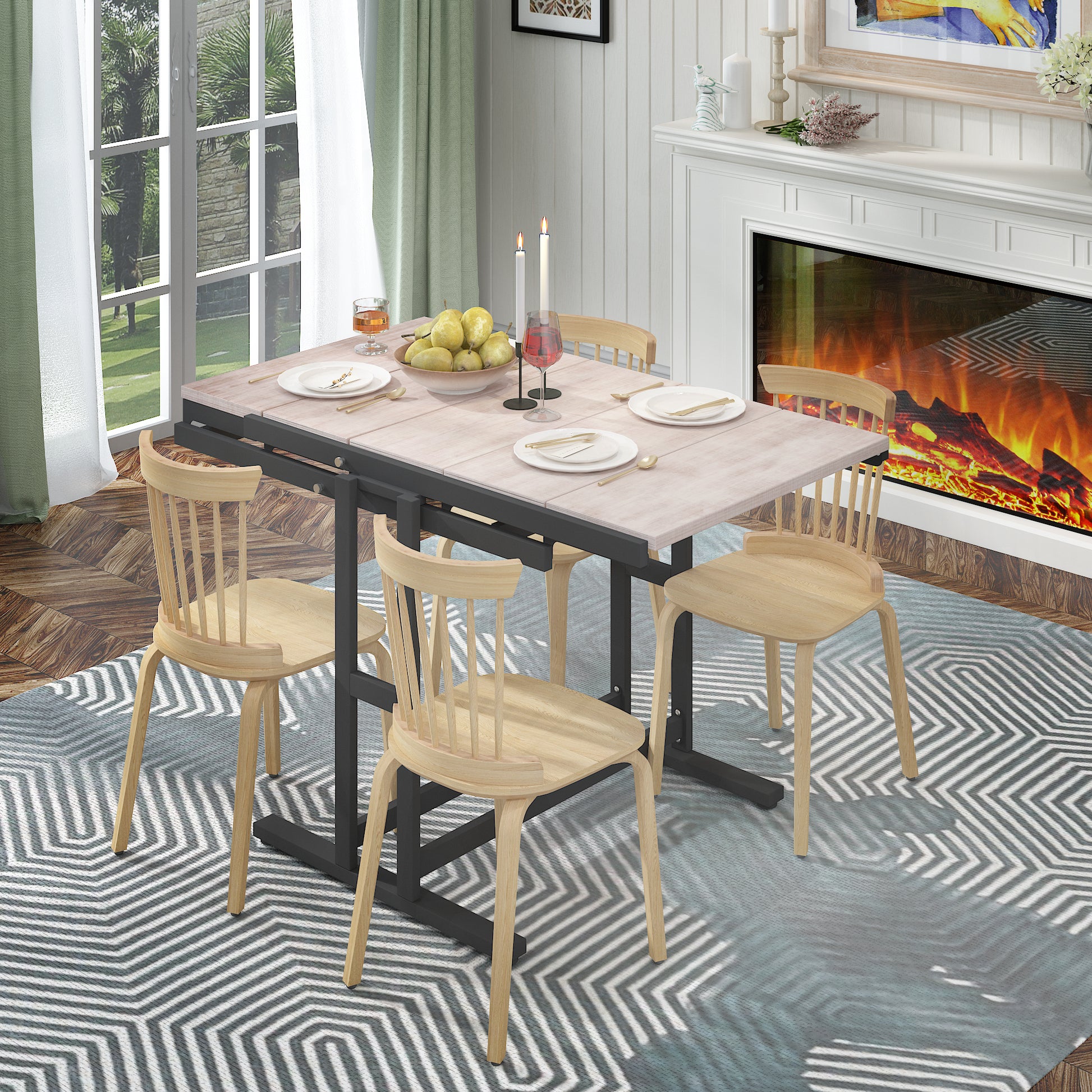 Light wood dining table set with four chairs and a fireplace