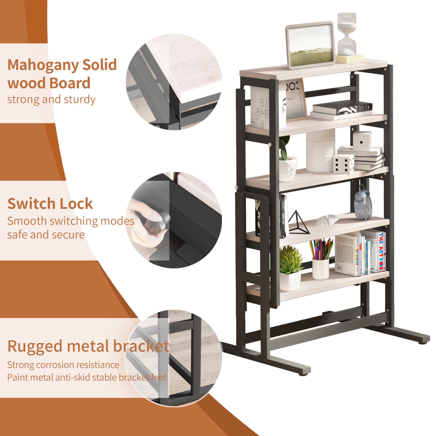 Fourtier shelving unit with mahogany solid wood boards and a black metal frame