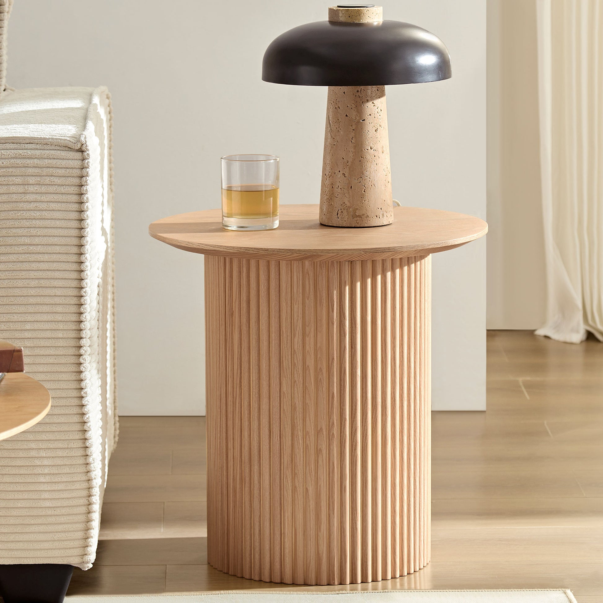 Round wood accent table with fluted base