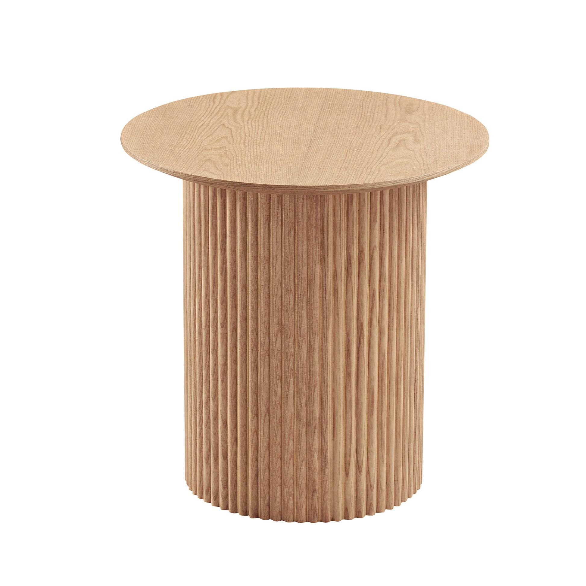 Round oak side table with ribbed cylindrical base