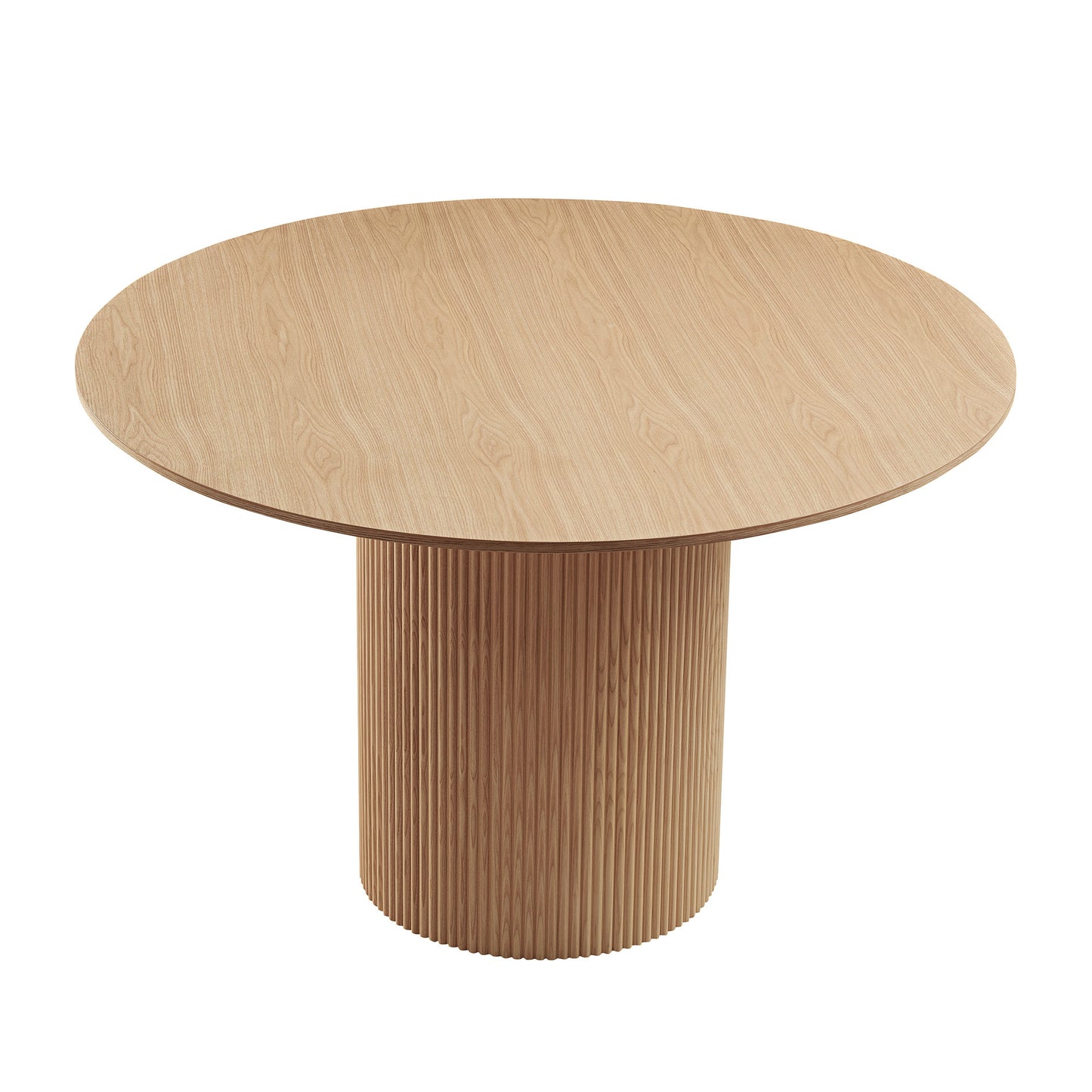 Round light wood dining table with fluted pedestal base