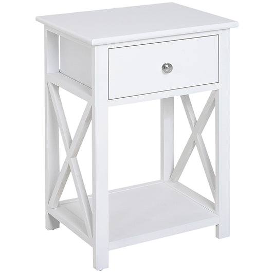 White wooden nightstand with single drawer and open shelf Xcross side detailing
