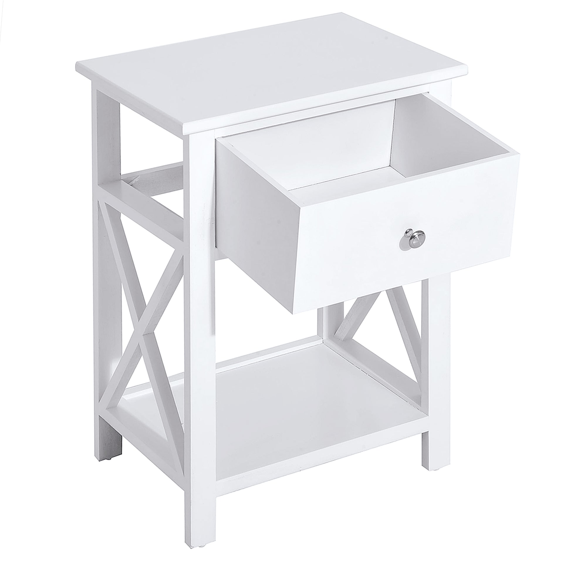 White bedside table with open drawer and lower shelf ideal for bedrooms