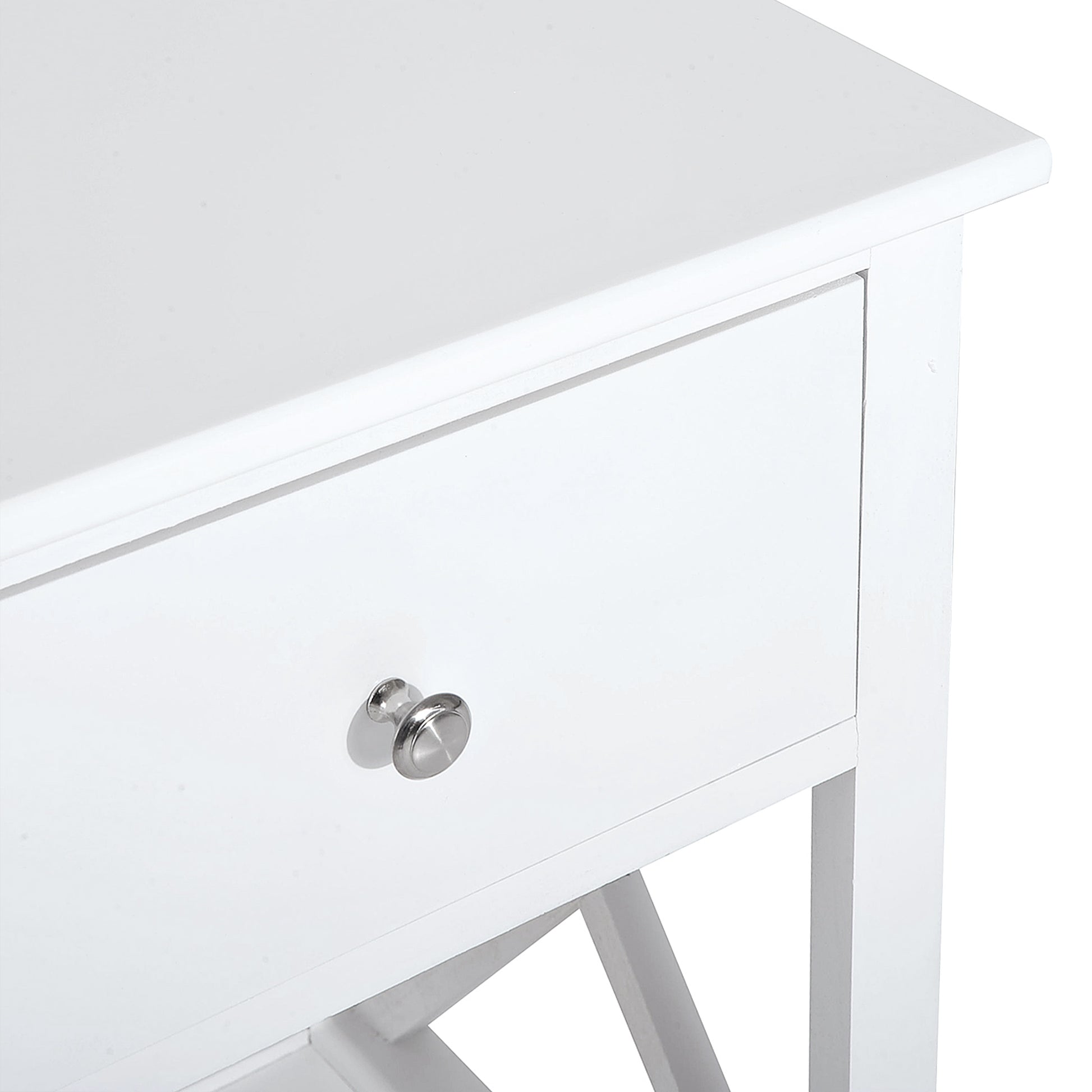 White wood bedside table with silver drawer pull