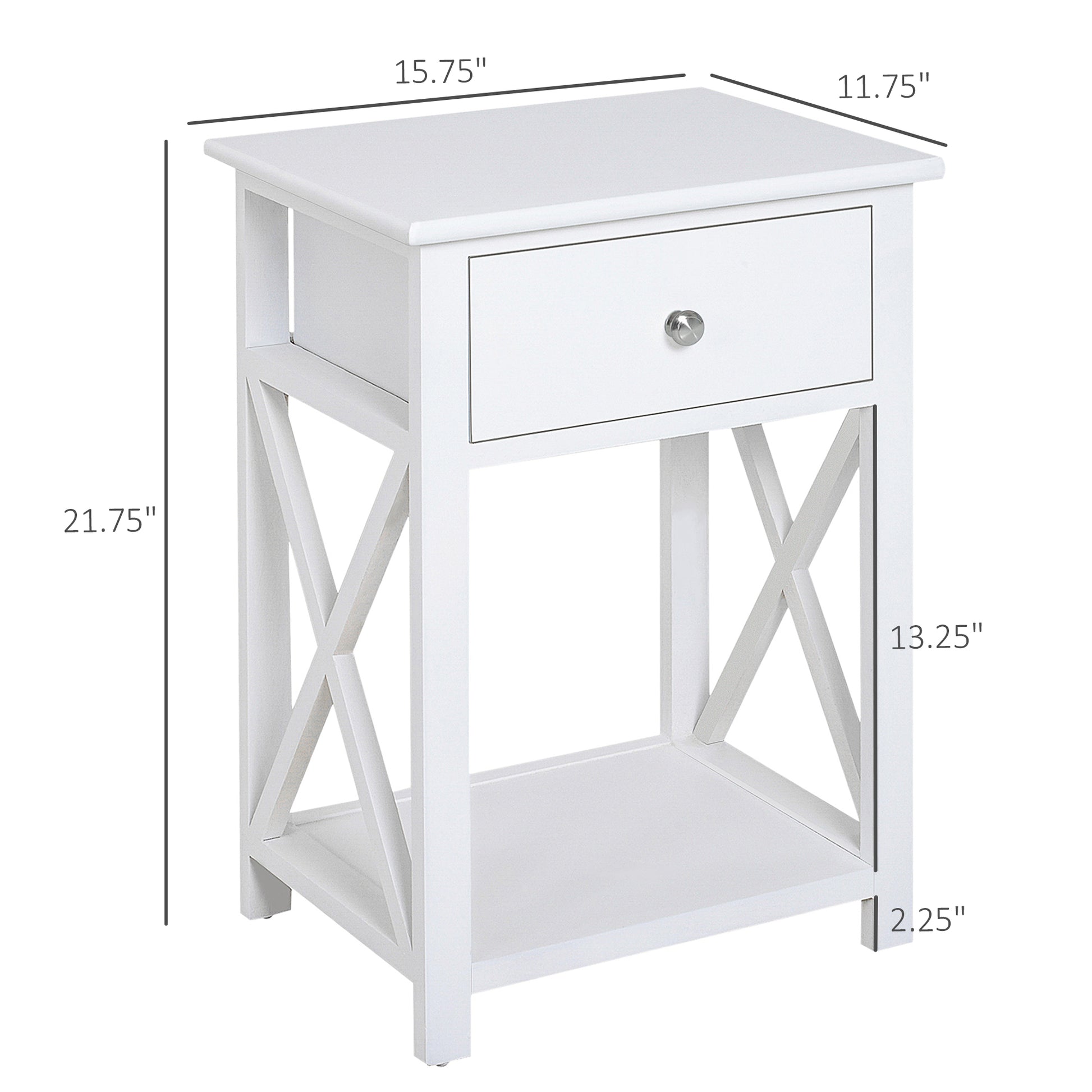 White wooden accent table with one drawer and open shelving