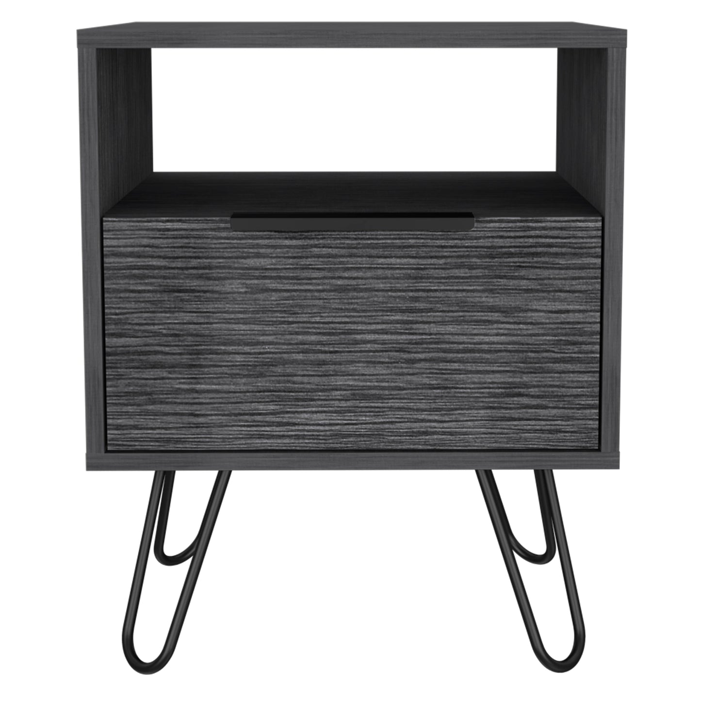 Gray wood grain nightstand with drawer and open shelf on hairpin legs