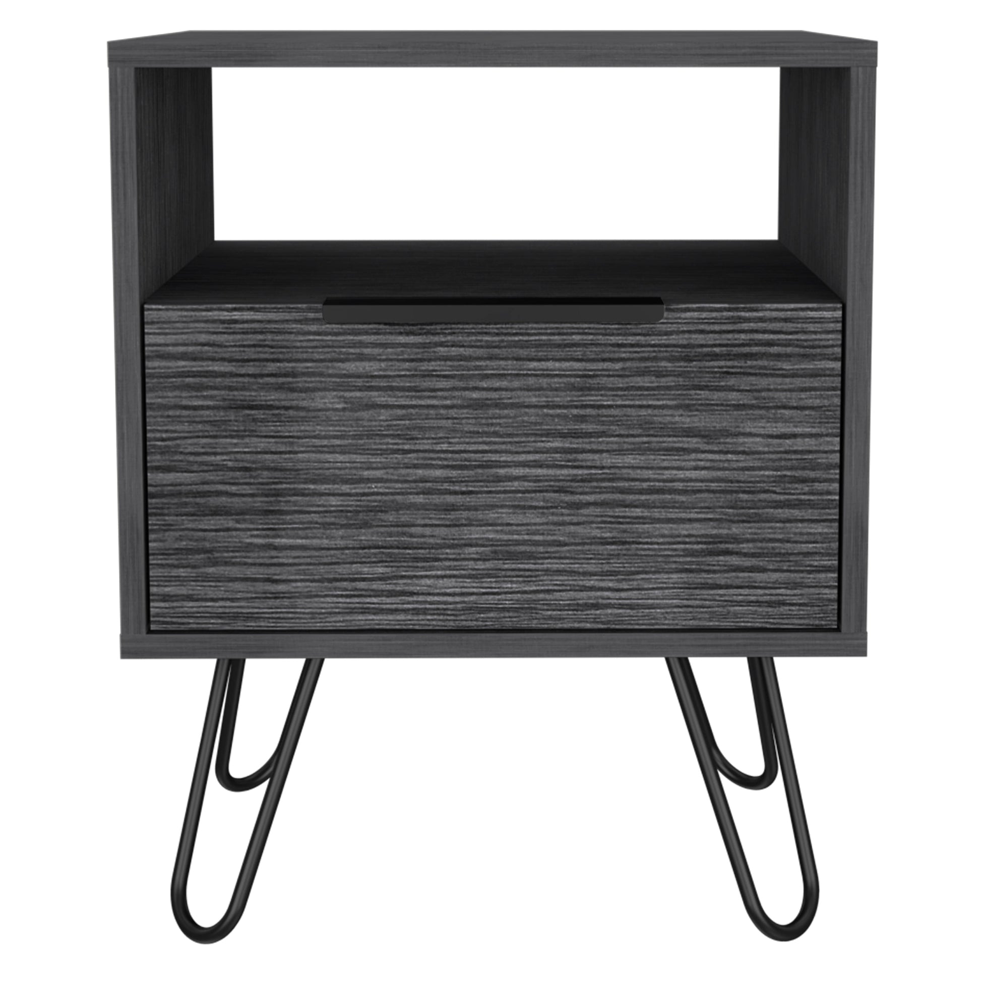 Gray wood grain nightstand with drawer and open shelf on hairpin legs