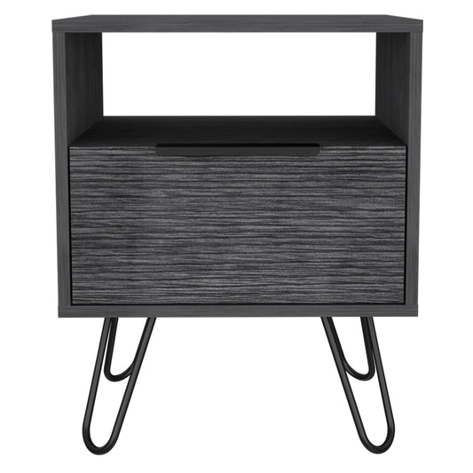 Gray wood grain nightstand with drawer and open shelf on hairpin legs