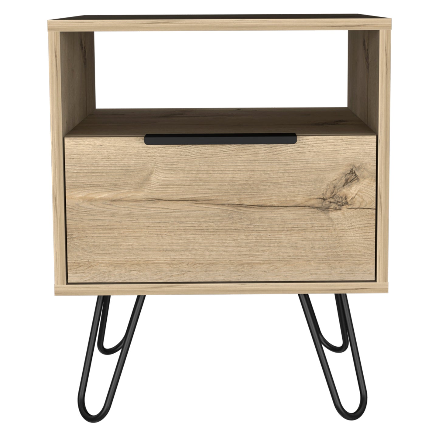 Modern oak veneer nightstand with a drawer and hairpin legs