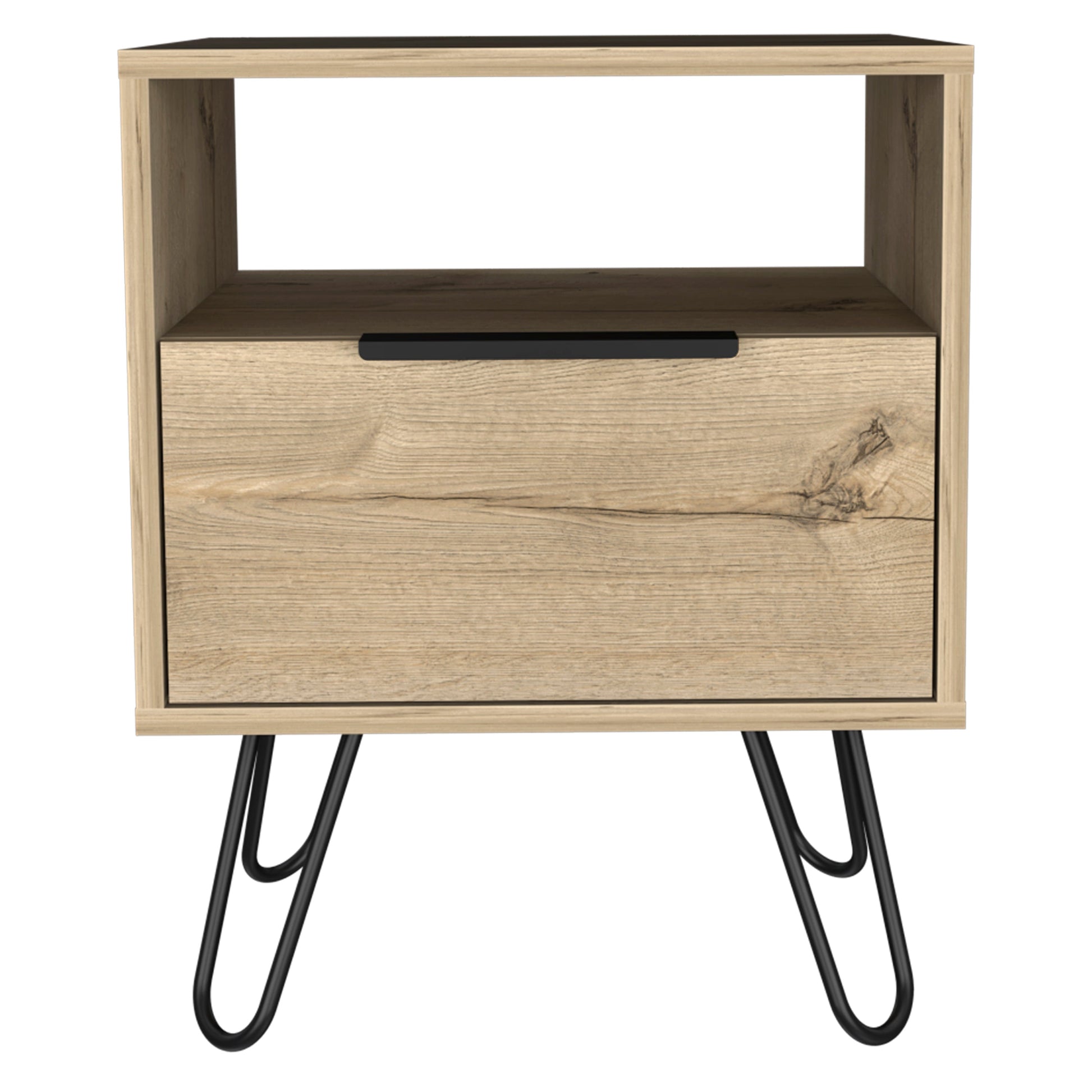 Modern oak veneer nightstand with a drawer and hairpin legs