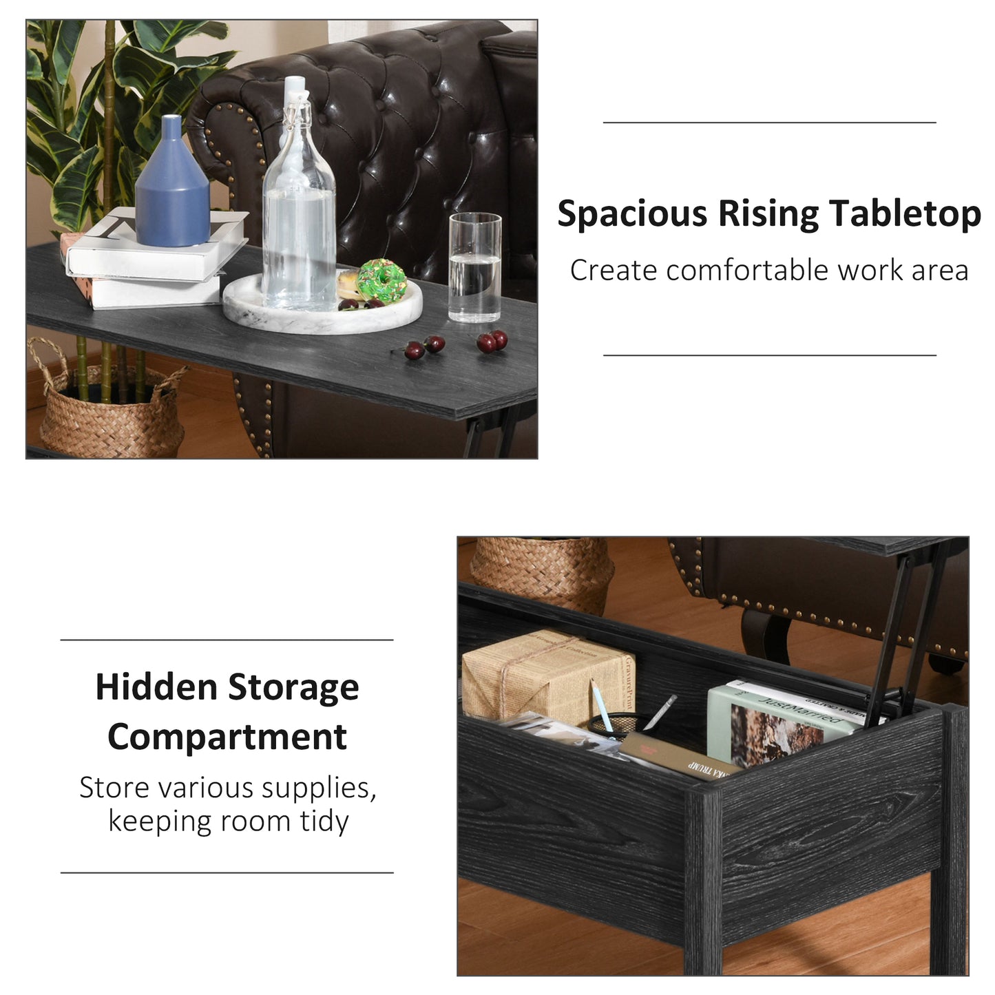 Black wood lift top coffee table with ample storage and a rising tabletop for work