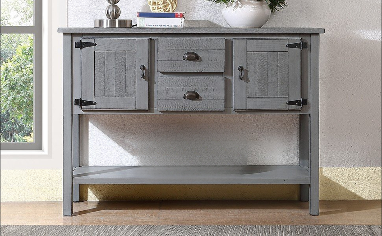 Rustic gray wood console table with two drawers and cabinet doors