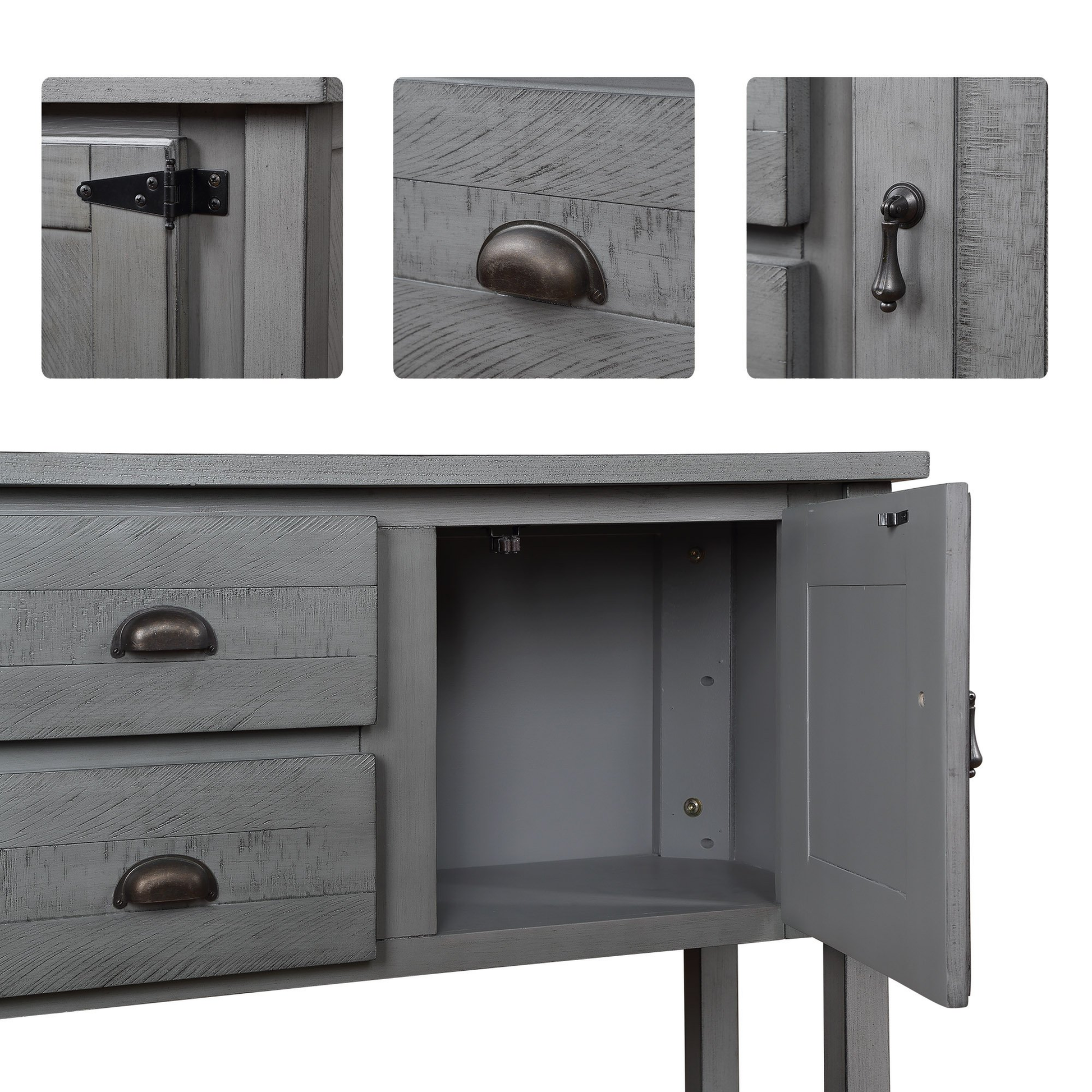 Gray wood console table with two drawers and one cabinet