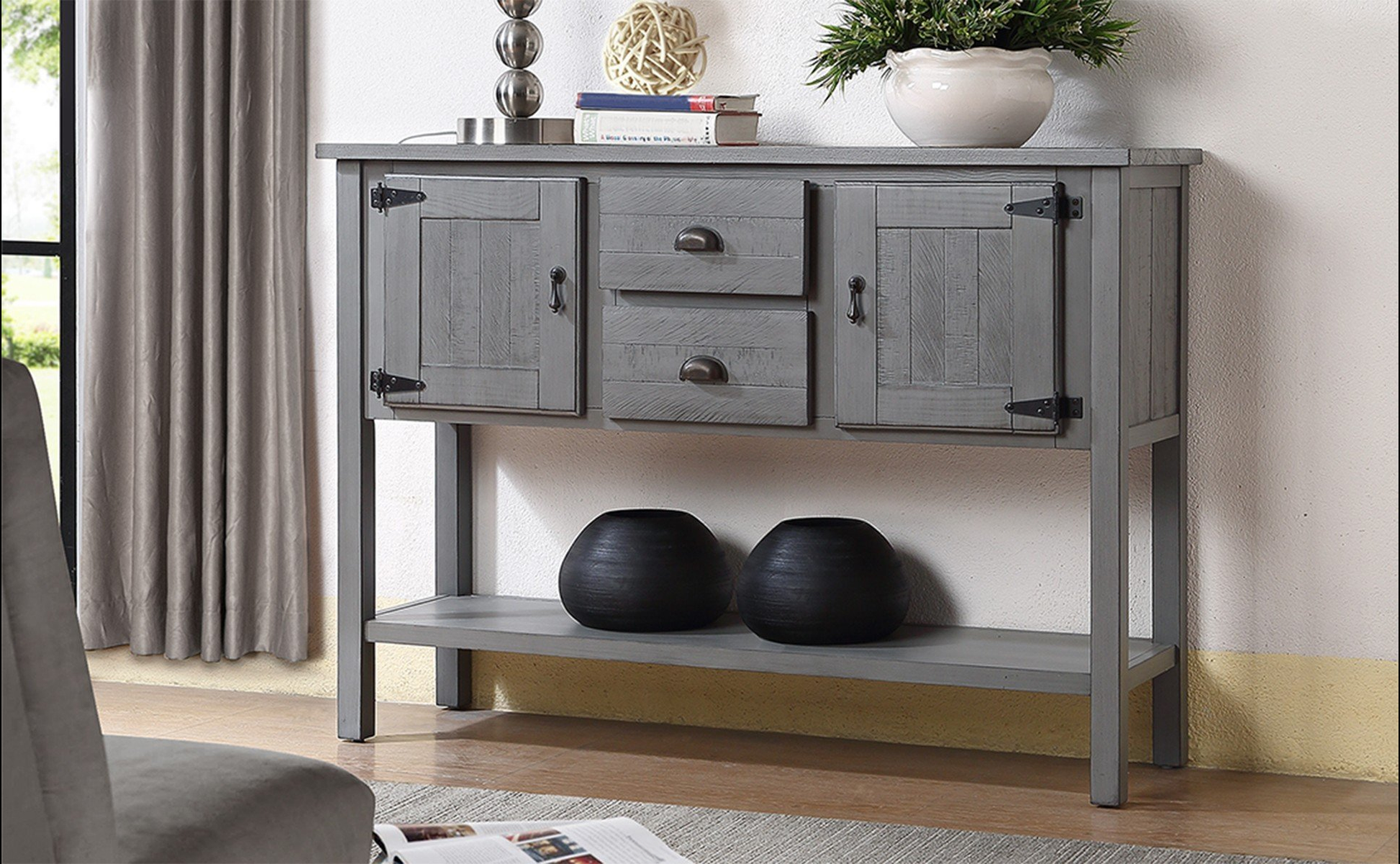 Gray farmhouse console table with two doors and two drawers