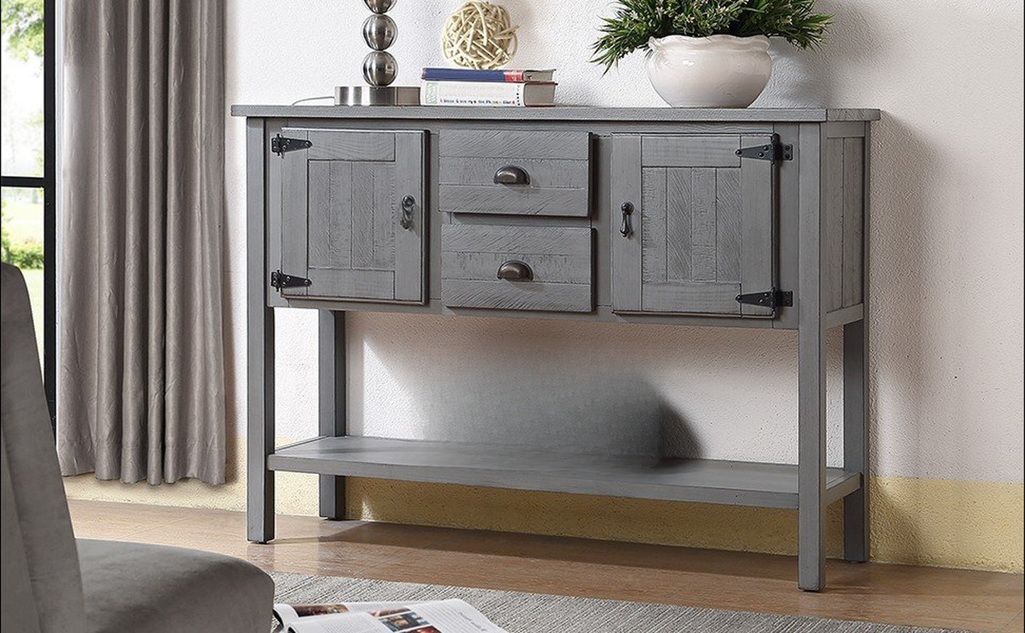 Rustic grey wood console table with two drawers and two cabinet doors