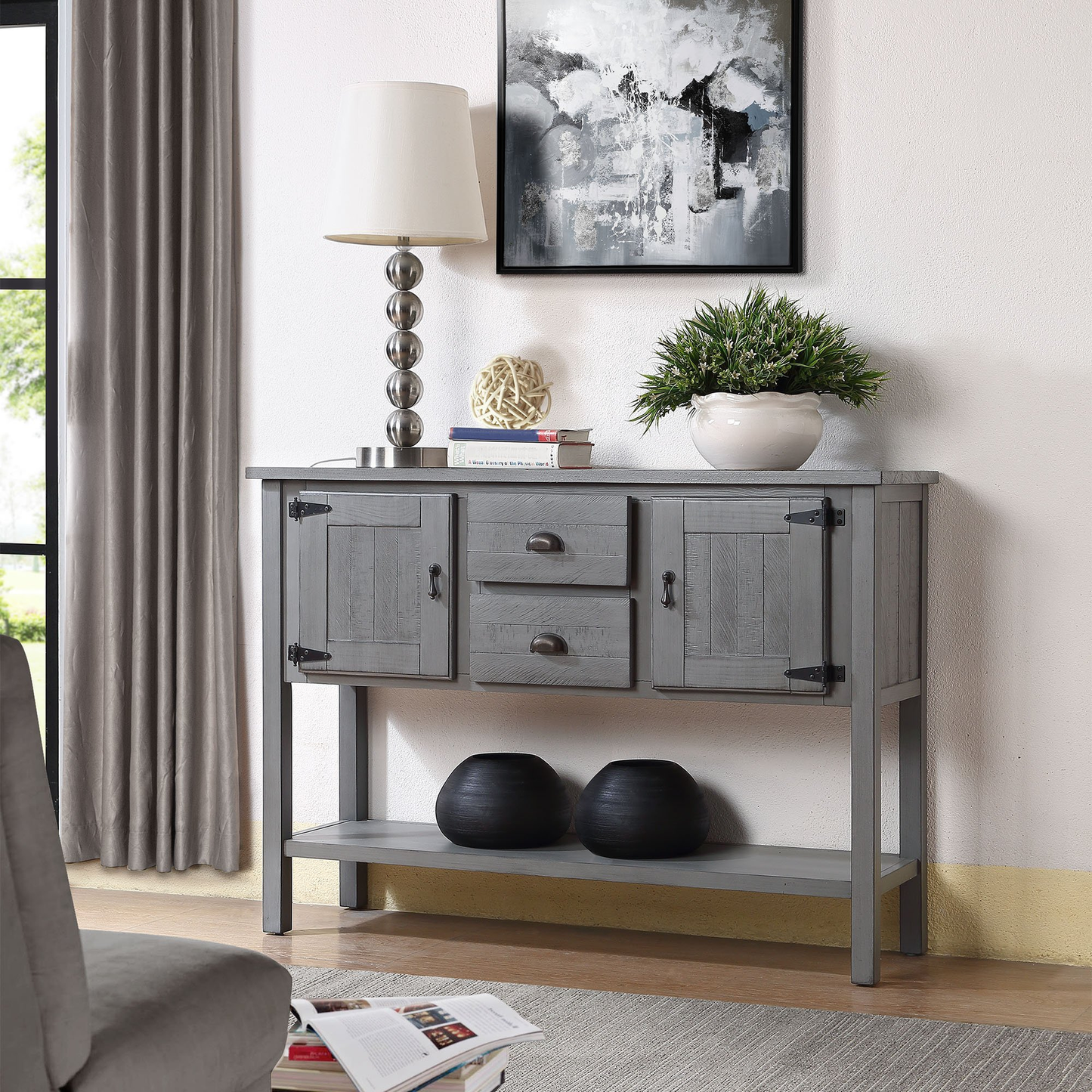 Gray wooden console table with two doors and two drawers