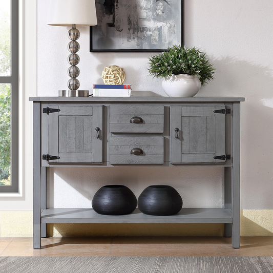Gray farmhouse console table with two drawers and two cabinets