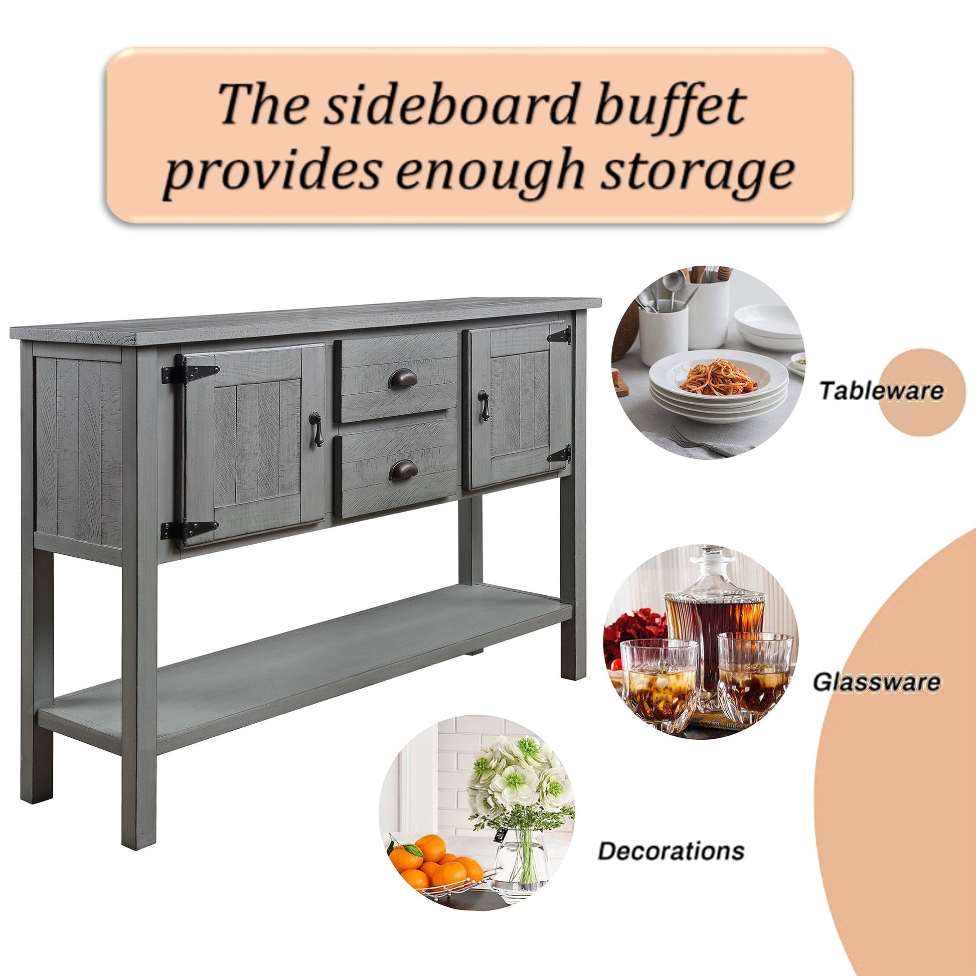 Gray wooden sideboard buffet with three drawers and two cabinet doors