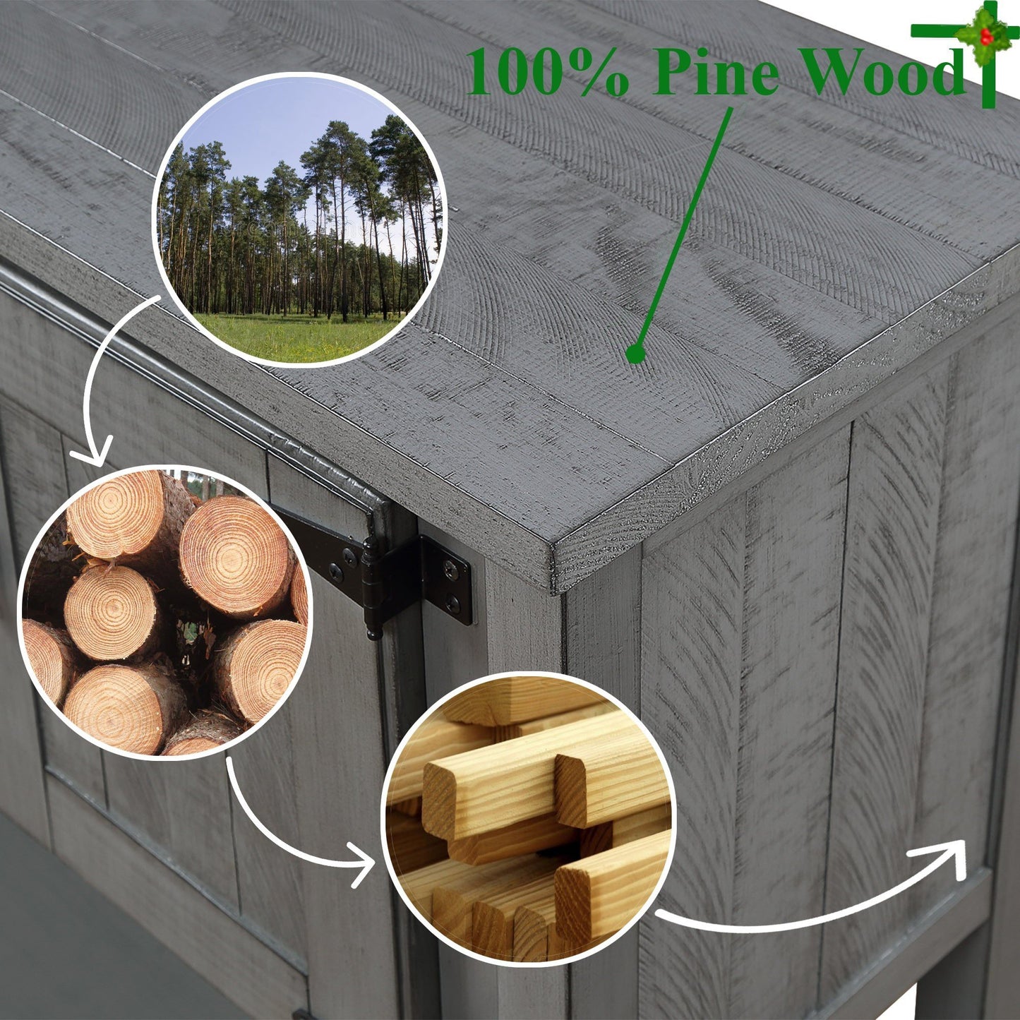 Textured grey pine wood cabinet exterior with inset showing pine logs