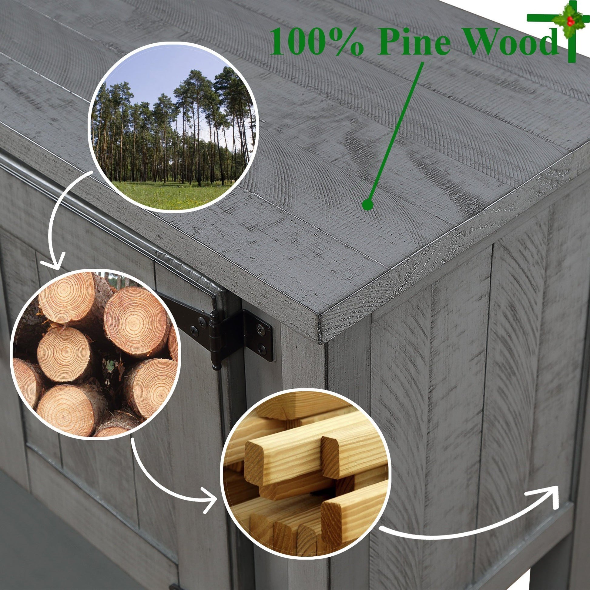 Textured grey pine wood cabinet exterior with inset showing pine logs