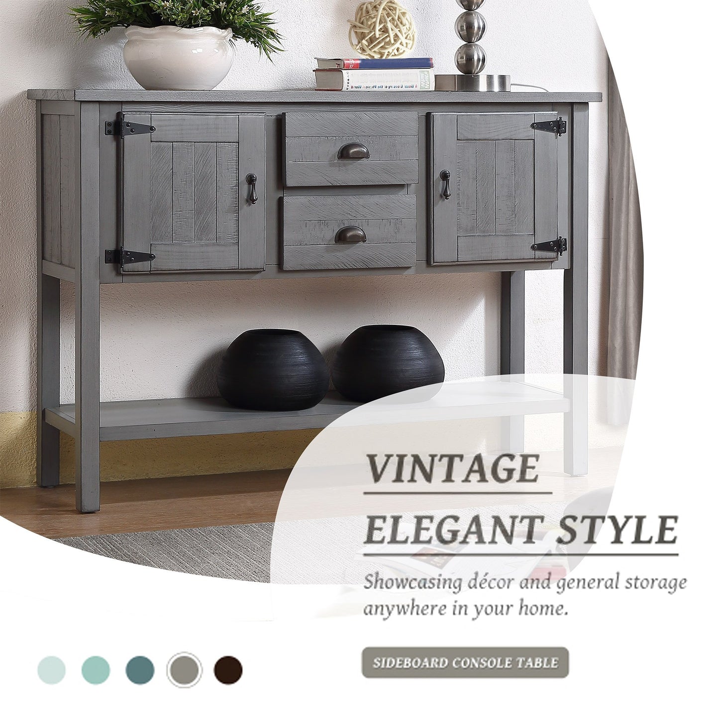 Gray wooden sideboard console table with two drawers and cabinet doors
